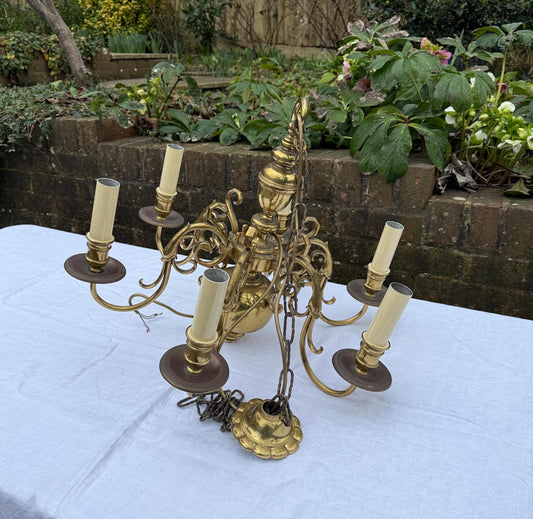 quality heavy Dutch style mid century brass chandelier. excellent quality ceiling light, vintage ceiling light, vintage light fixture