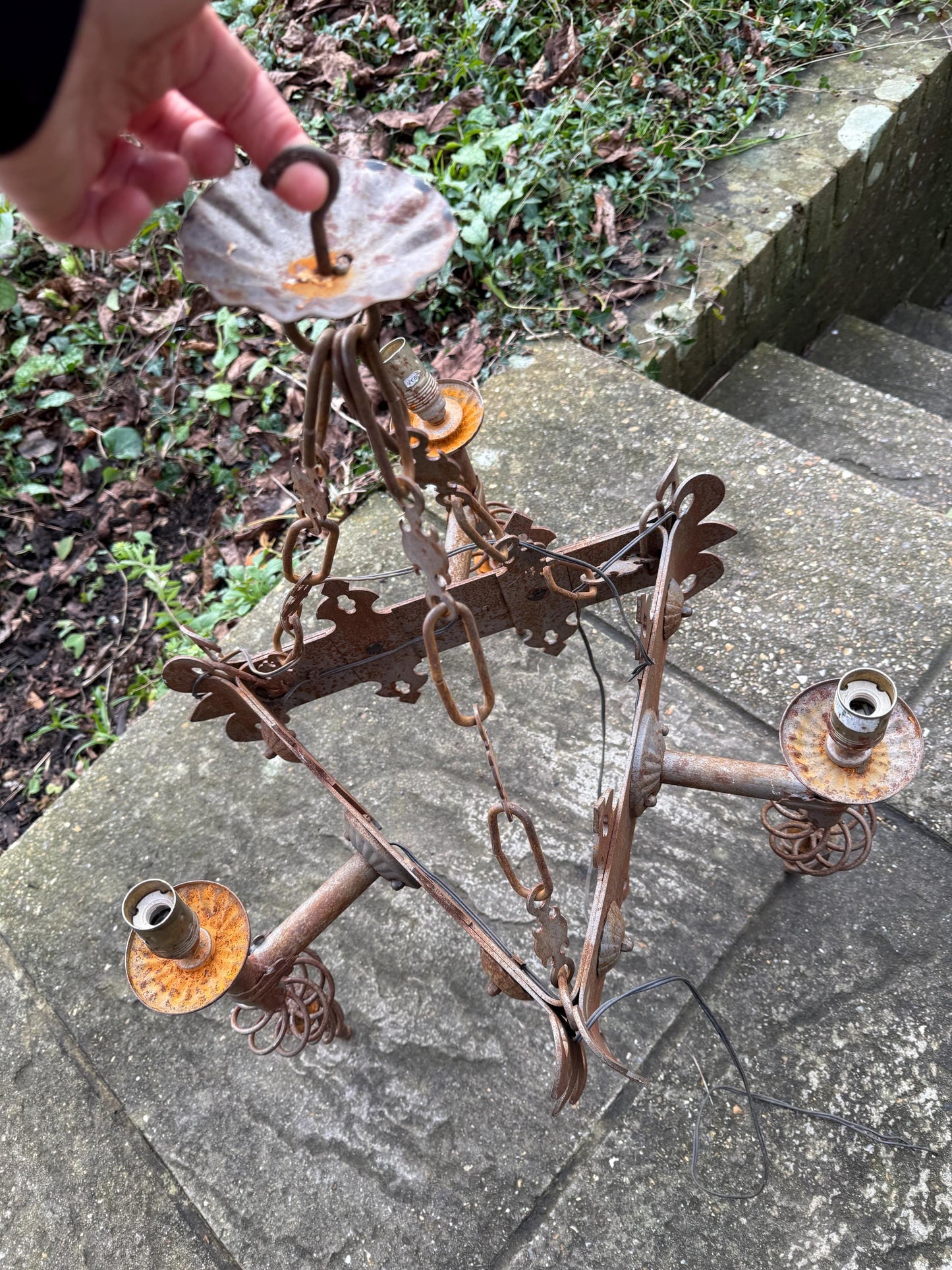 Early 1900s Heavy Medieval Style, Gothic Style Iron Ceiling Light, Gothic Revival Vintage Iron Hanging Light