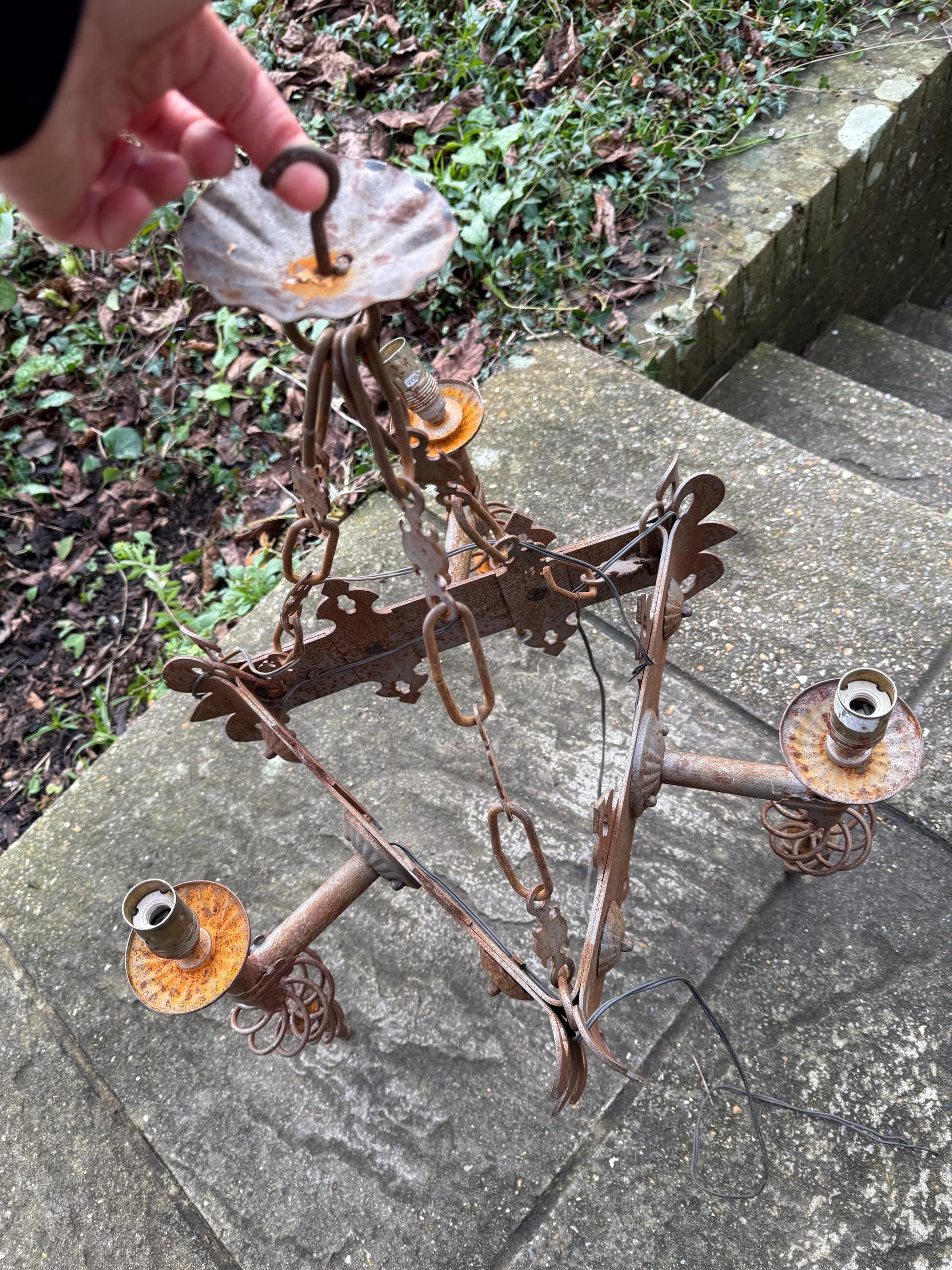 Early 1900s Heavy Medieval Style, Gothic Style Iron Ceiling Light, Gothic Revival Vintage Iron Hanging Light