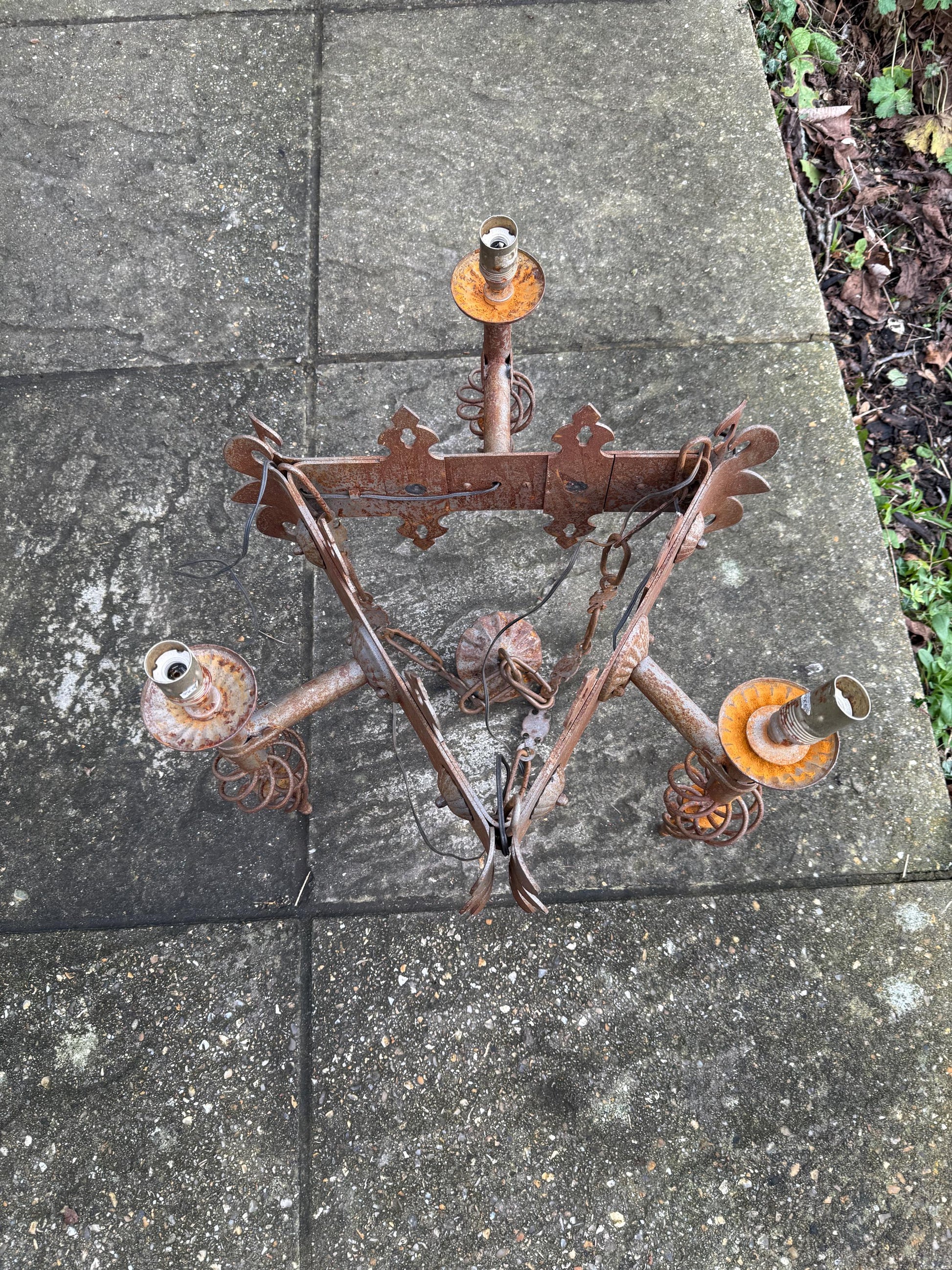 Early 1900s Heavy Medieval Style, Gothic Style Iron Ceiling Light, Gothic Revival Vintage Iron Hanging Light