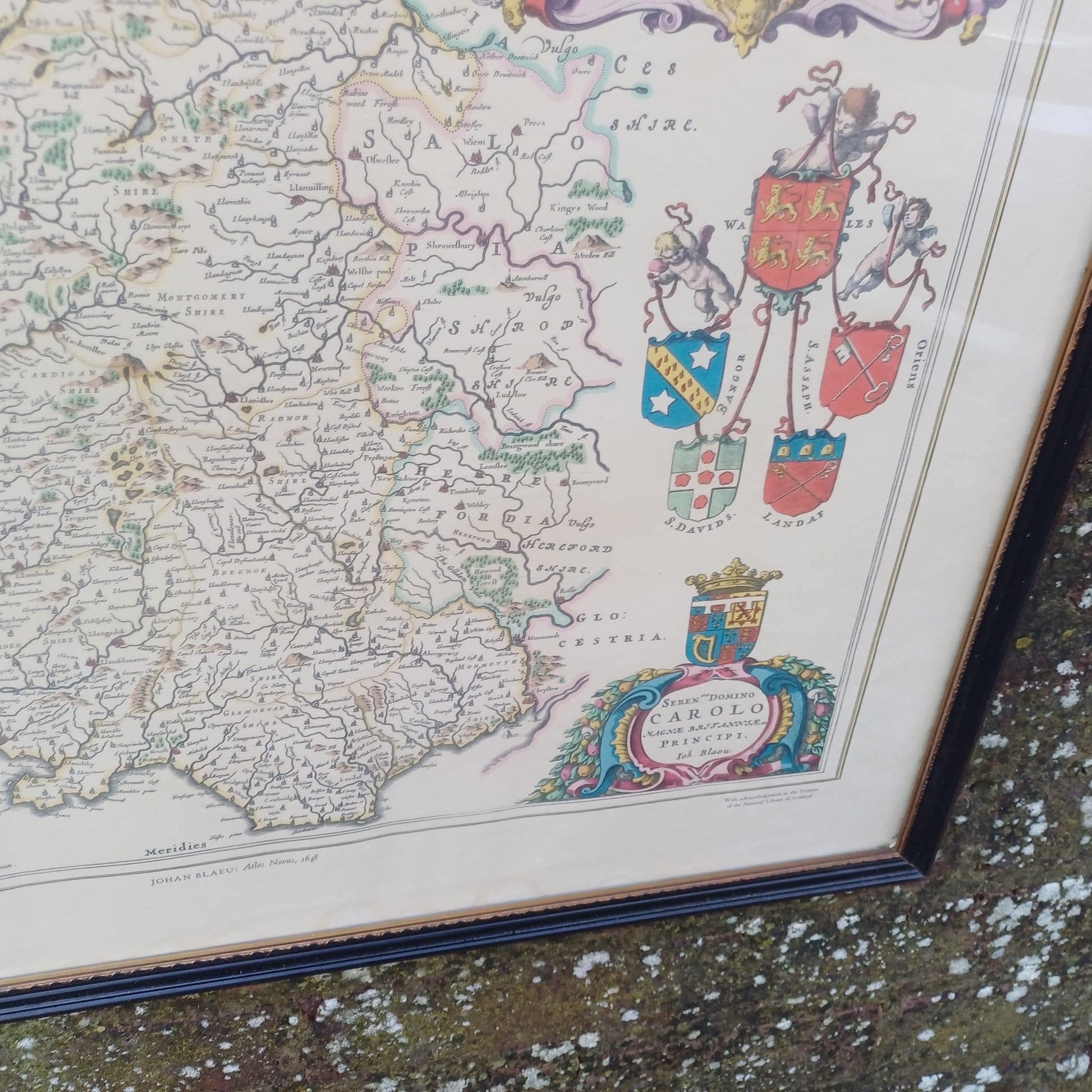 Vintage 1600s Wales Map (1648) - engraved and painted by Johan Blaeu and printed by John Bartholomew in a vintage glazed frame (50cm x 60cm)