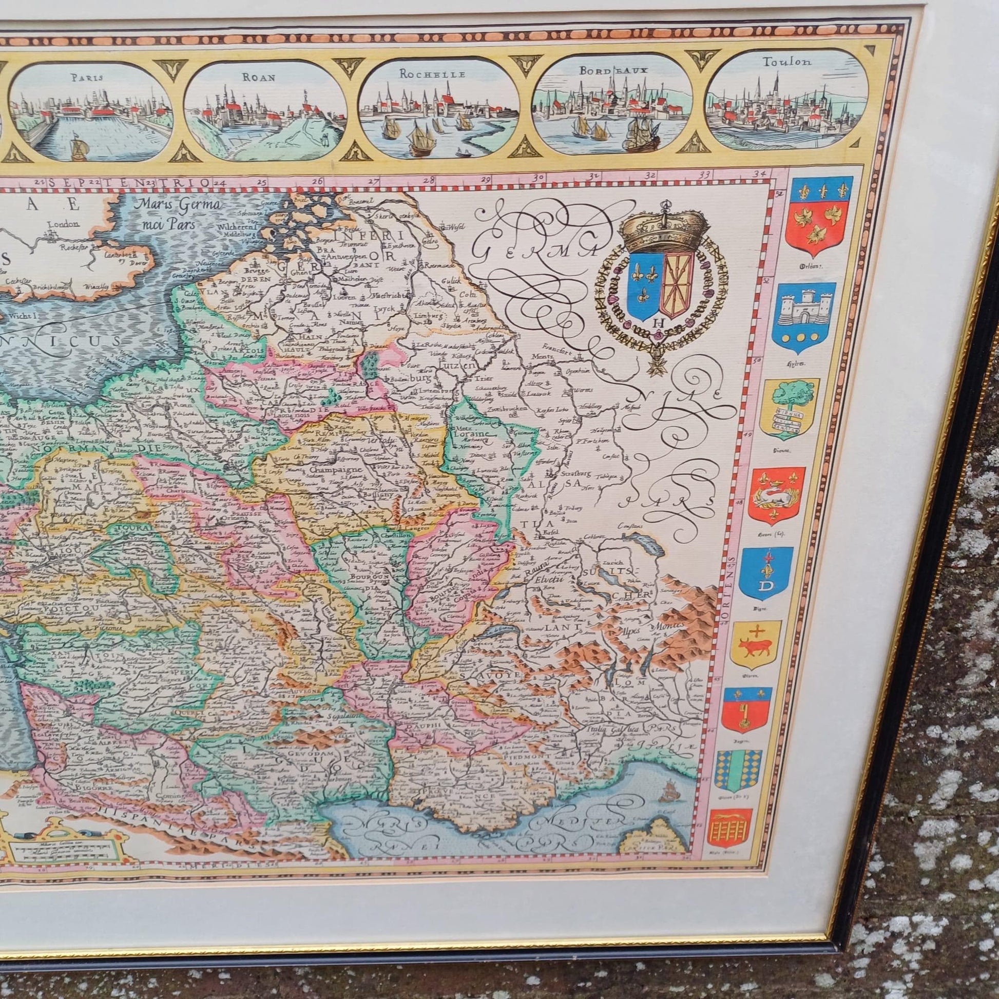 Large Vintage Map of France (Gallia) anno 1598 in glazed vintage black and gold frame - approx 54cm x 68cm