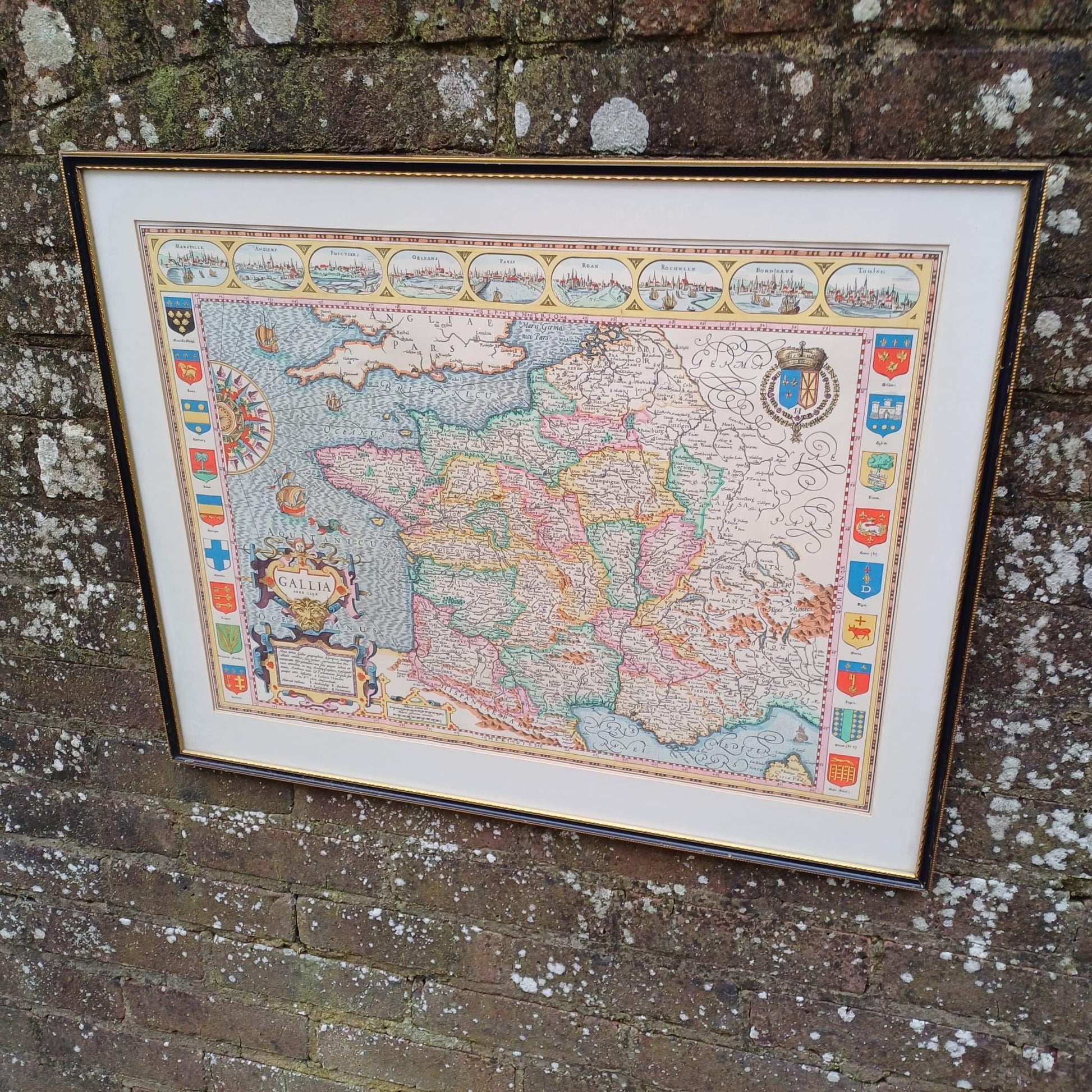 Large Vintage Map of France (Gallia) anno 1598 in glazed vintage black and gold frame - approx 54cm x 68cm