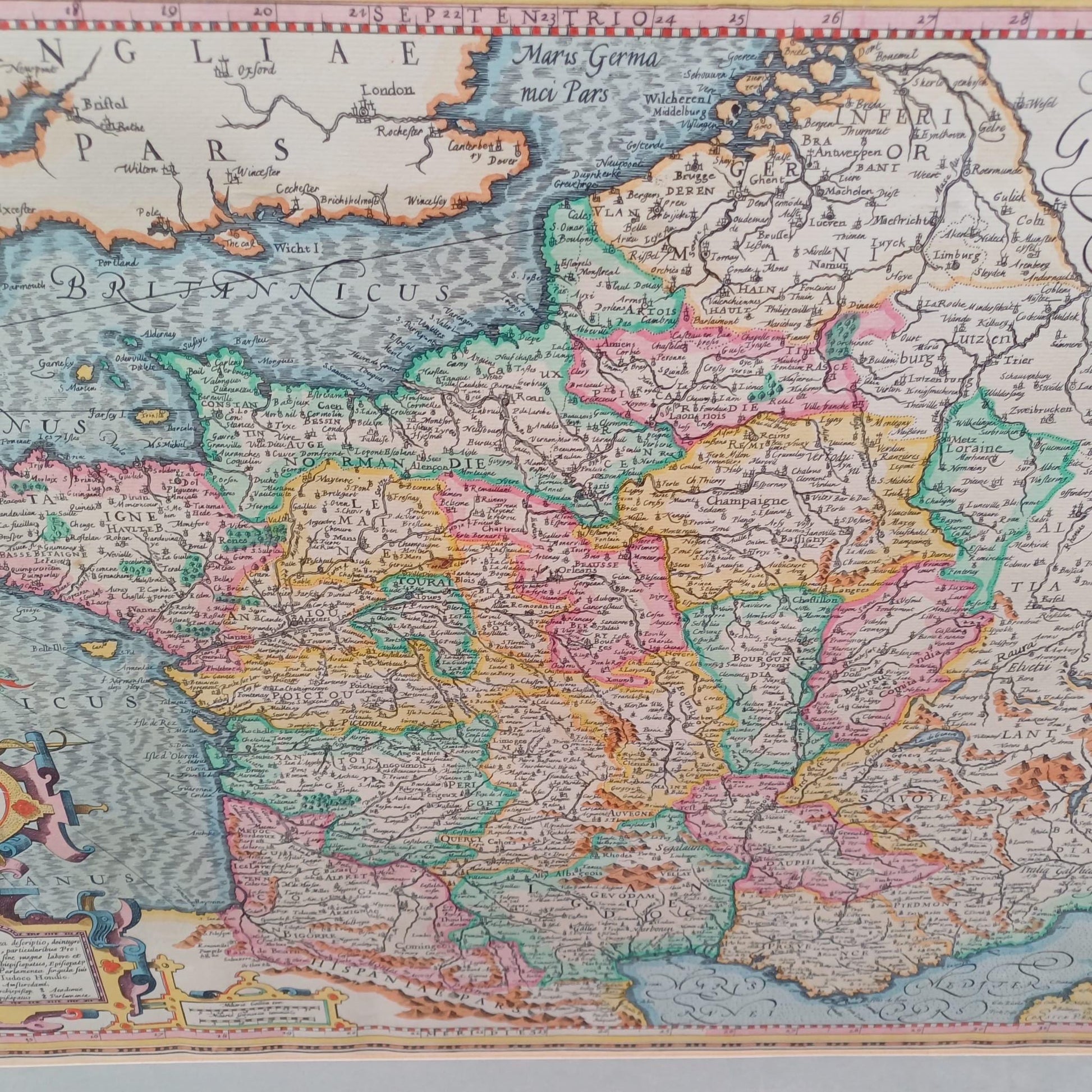 Large Vintage Map of France (Gallia) anno 1598 in glazed vintage black and gold frame - approx 54cm x 68cm