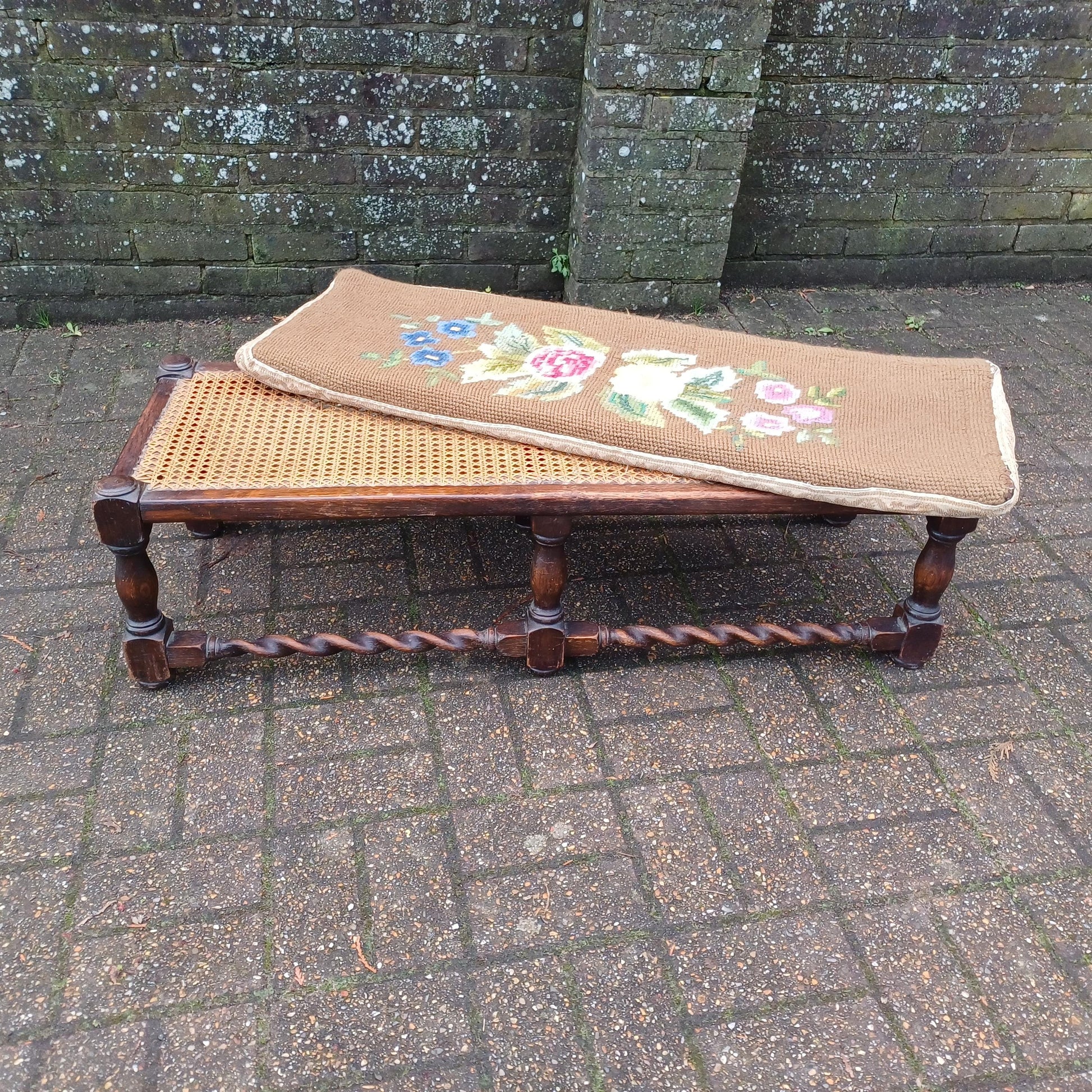 Early 20th Century Oak Stool with Turned Legs Bold Still Life Tapestry Cushion & Cane Seat