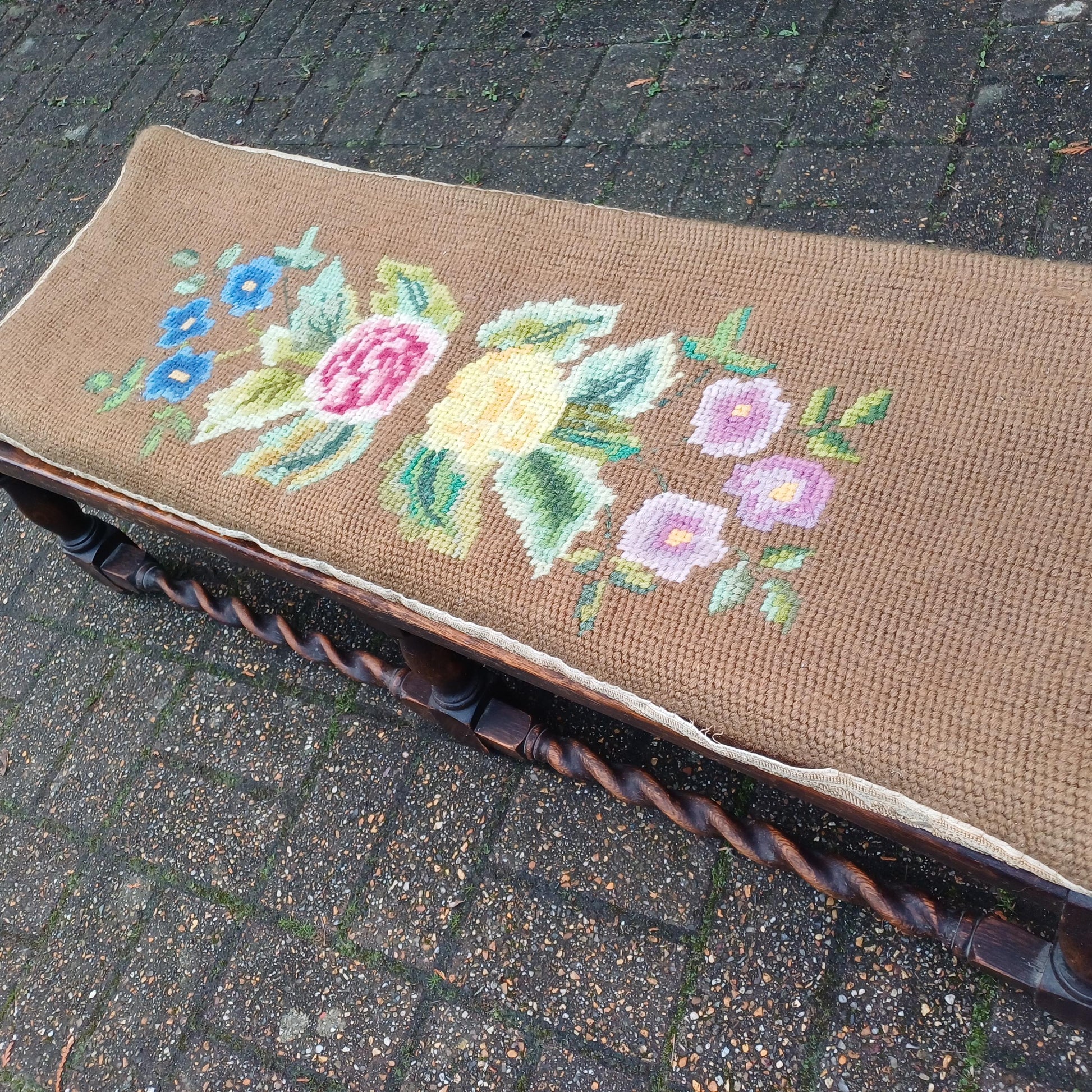 Early 20th Century Oak Stool with Turned Legs Bold Still Life Tapestry Cushion & Cane Seat