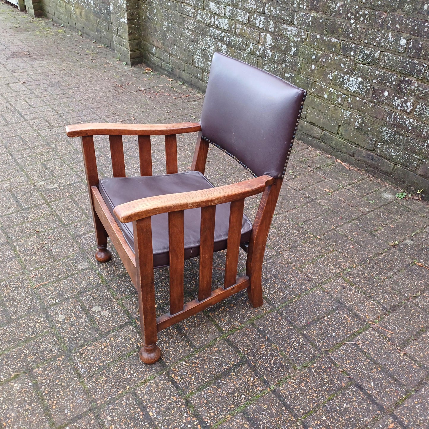 Vintage Solid Oak Upholstered Occasional Monkey Carver Chair Brown Leatherette