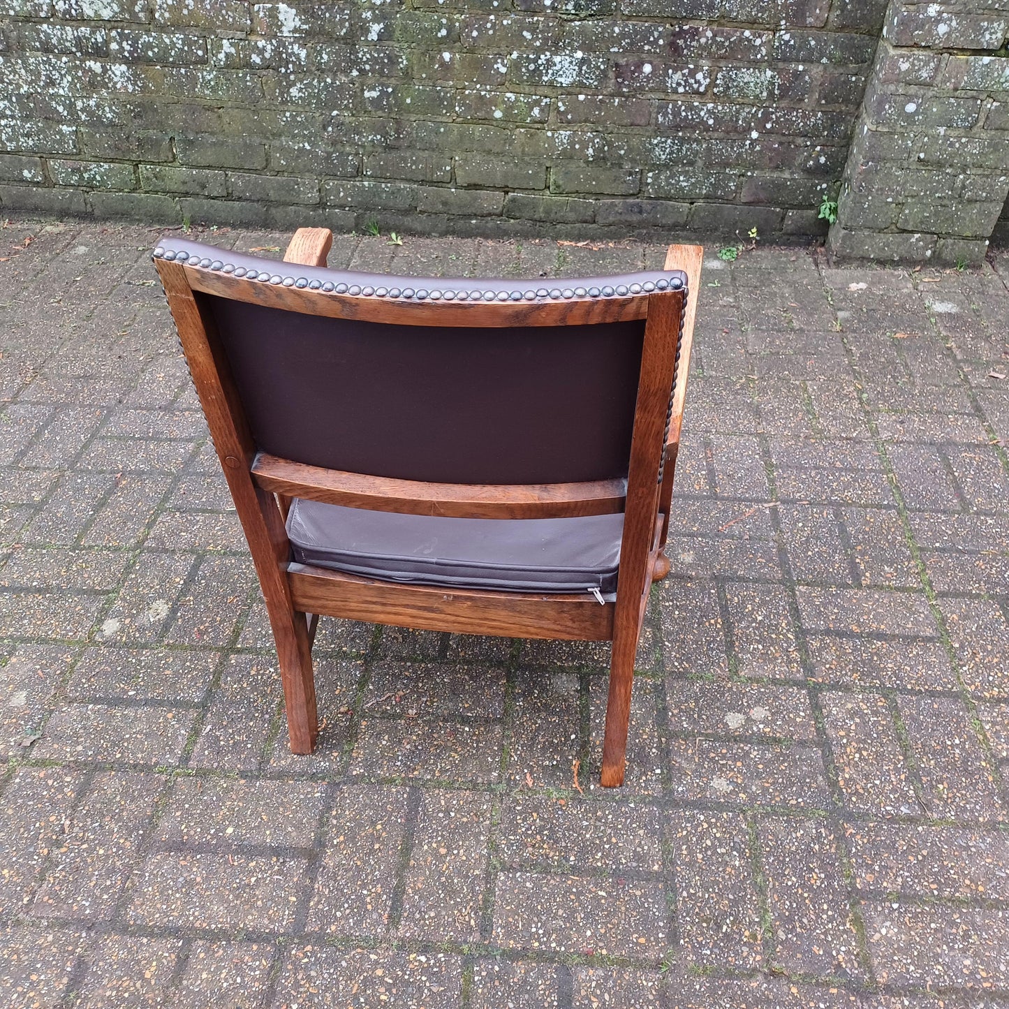 Vintage Solid Oak Upholstered Occasional Monkey Carver Chair Brown Leatherette