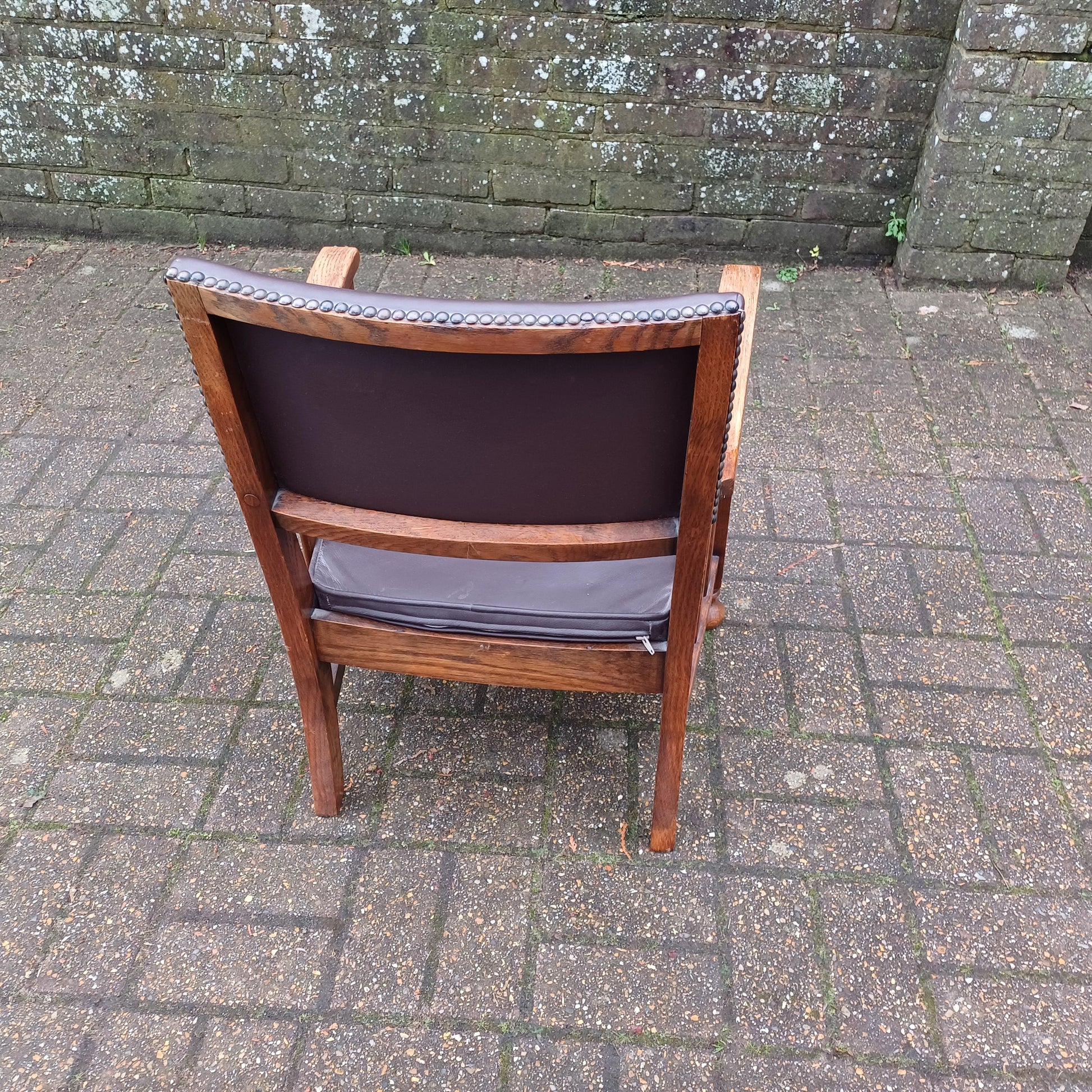 Vintage Solid Oak Upholstered Occasional Monkey Carver Chair Brown Leatherette