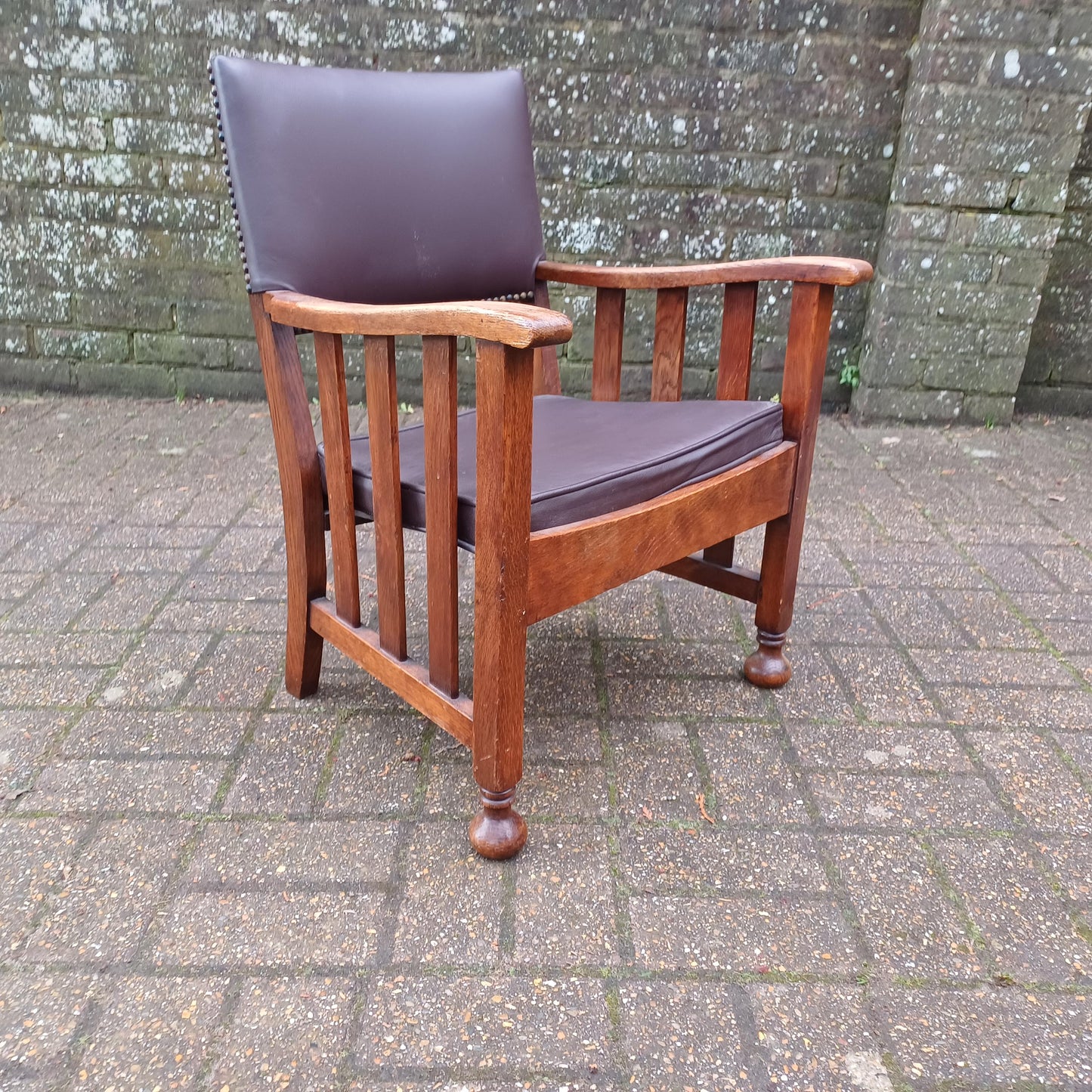 Vintage Solid Oak Upholstered Occasional Monkey Carver Chair Brown Leatherette