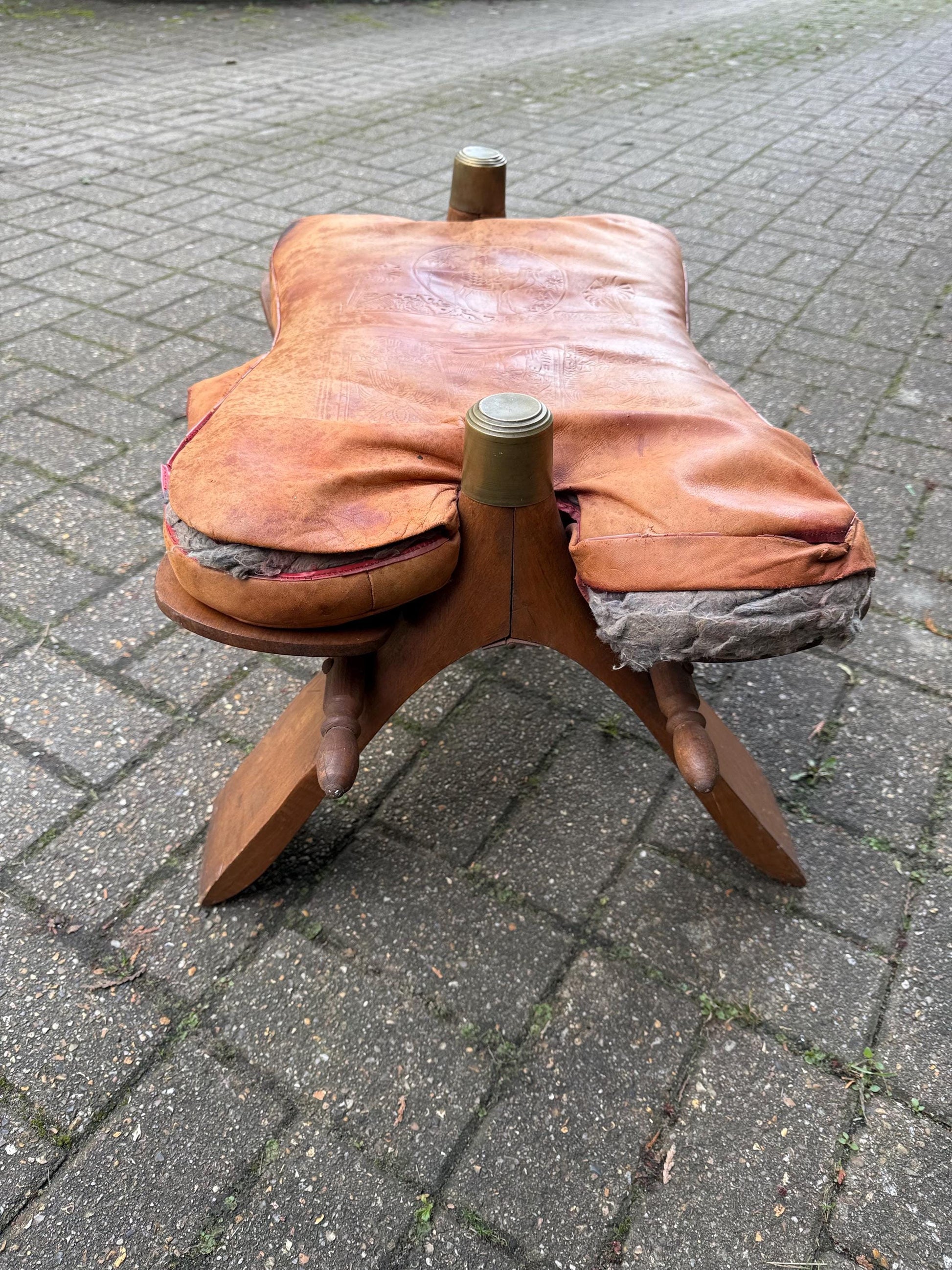 Vintage original camel stool - wooden frame with original leather seat (needs stitching) - sturdy and solid