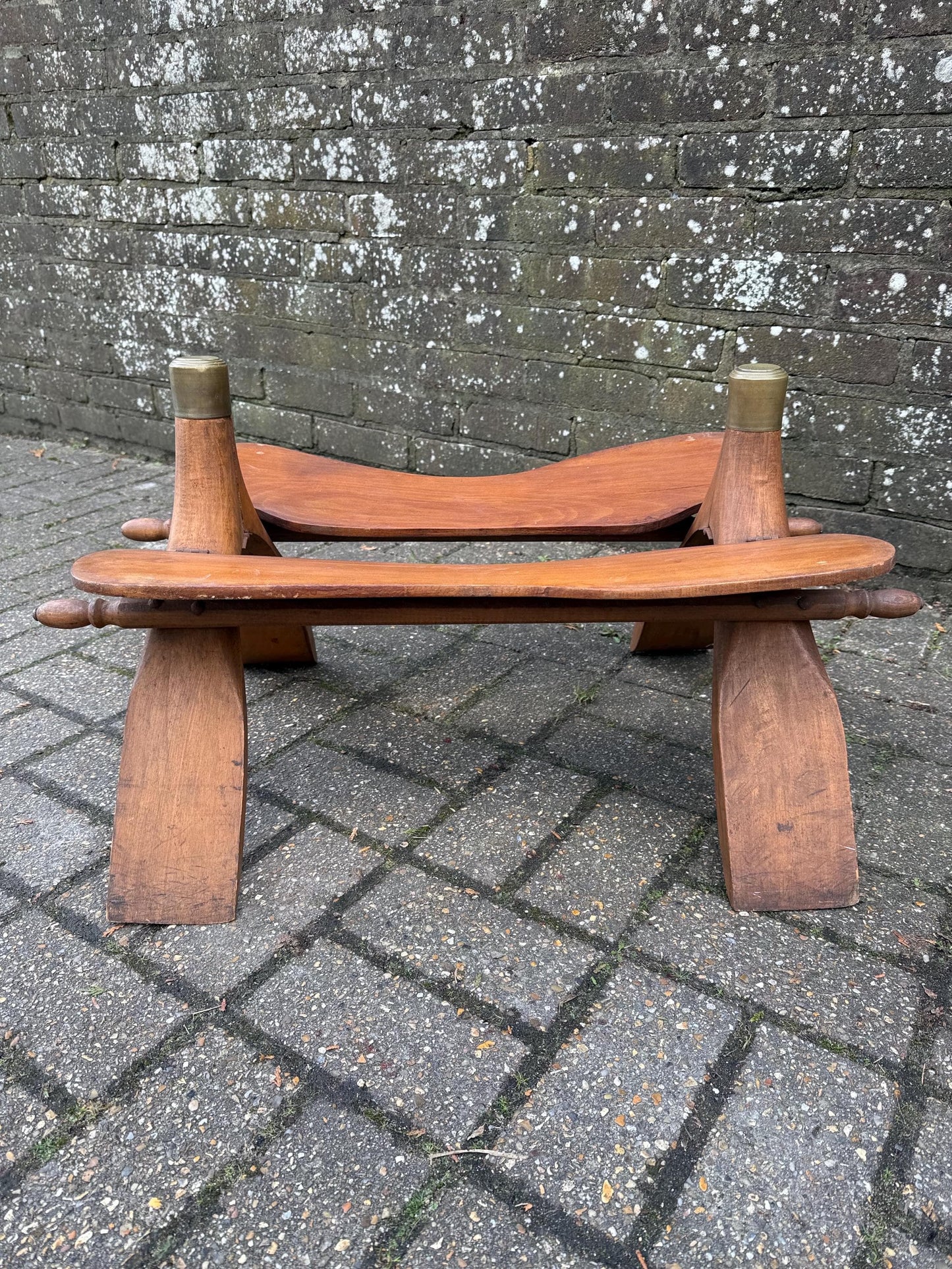 Vintage original camel stool - wooden frame with original leather seat (needs stitching) - sturdy and solid