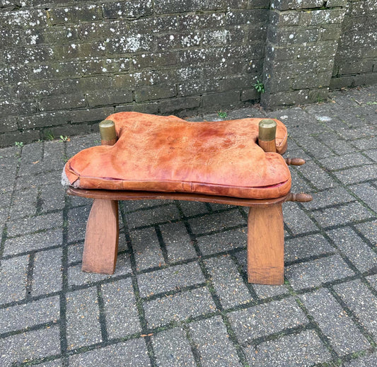 1960s vintage camel stool with original leather cushion. cushion needs stitching.  solid and sturdy