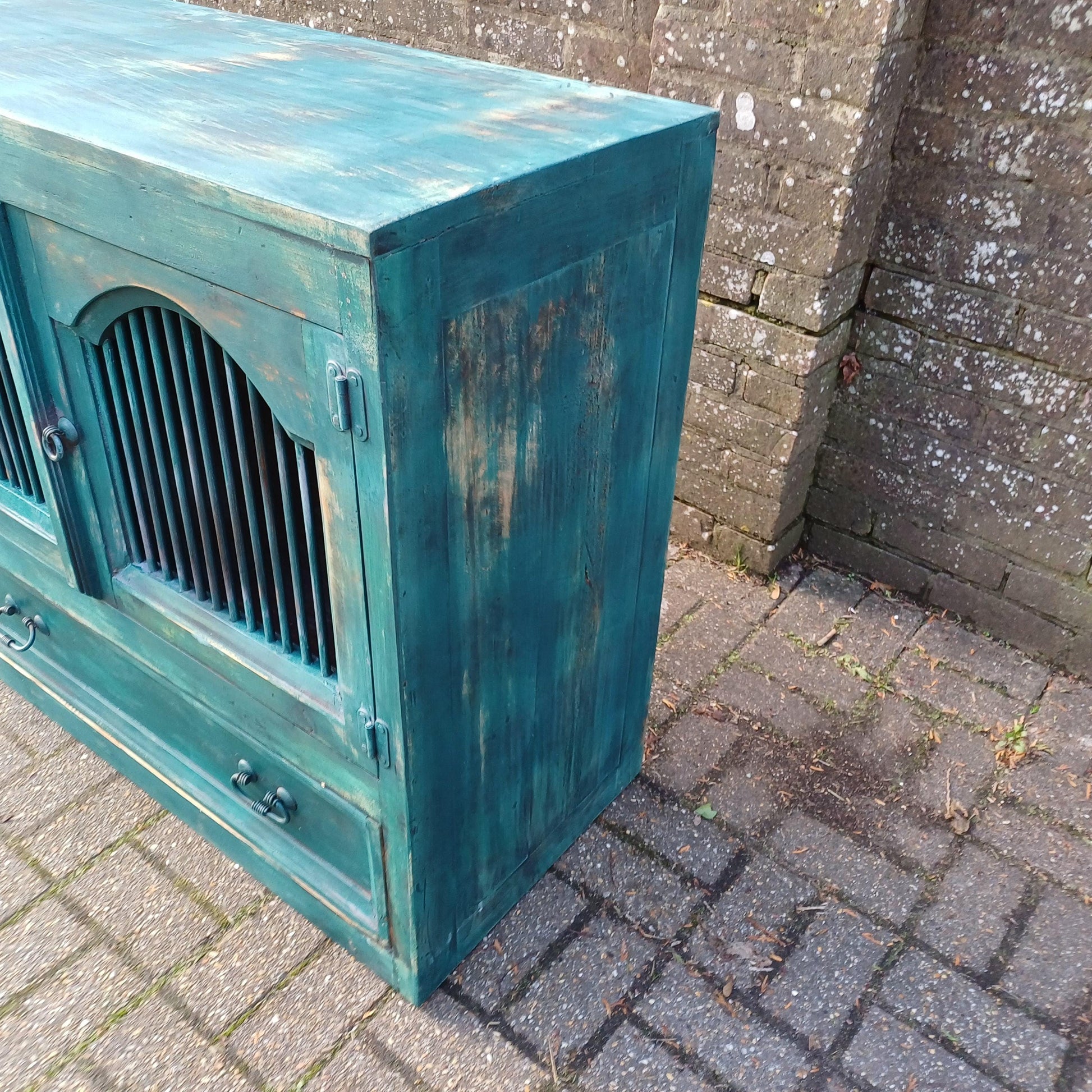 Rustic Vintage Solid Wood Bespoke Hand Painted 'Teal' Cupboard Sideboard Iron Door Detail FREE HAND Delivery