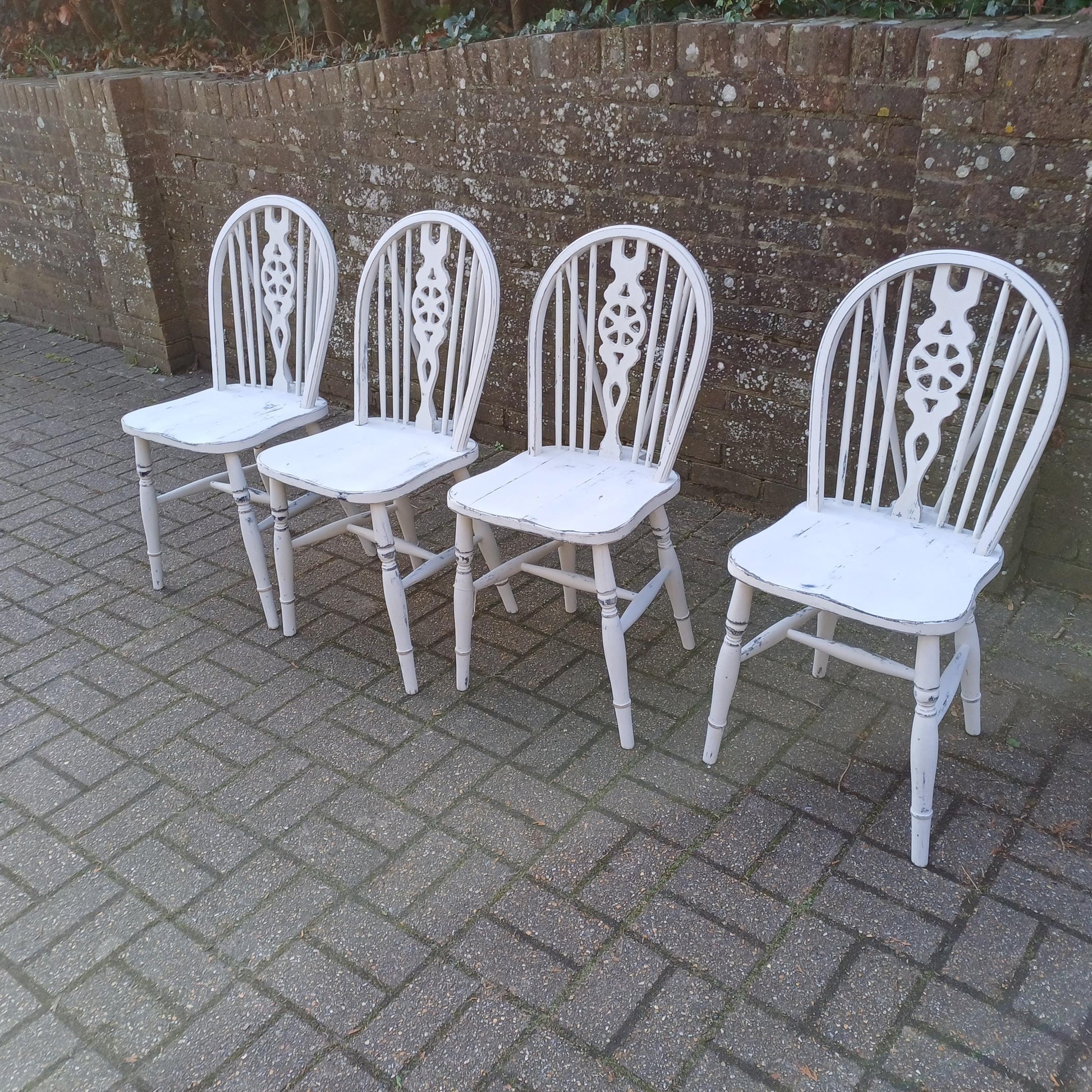 Set of 4 Vintage Hand Painted Upcycled Wheelback Kitchen or Dining Chairs 60s/70s Very Solid FREE HAND Delivery Very Light Grey