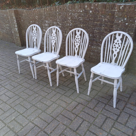 Set of 4 Vintage Hand Painted Upcycled Wheelback Kitchen or Dining Chairs 60s/70s Very Solid FREE HAND Delivery Very Light Grey
