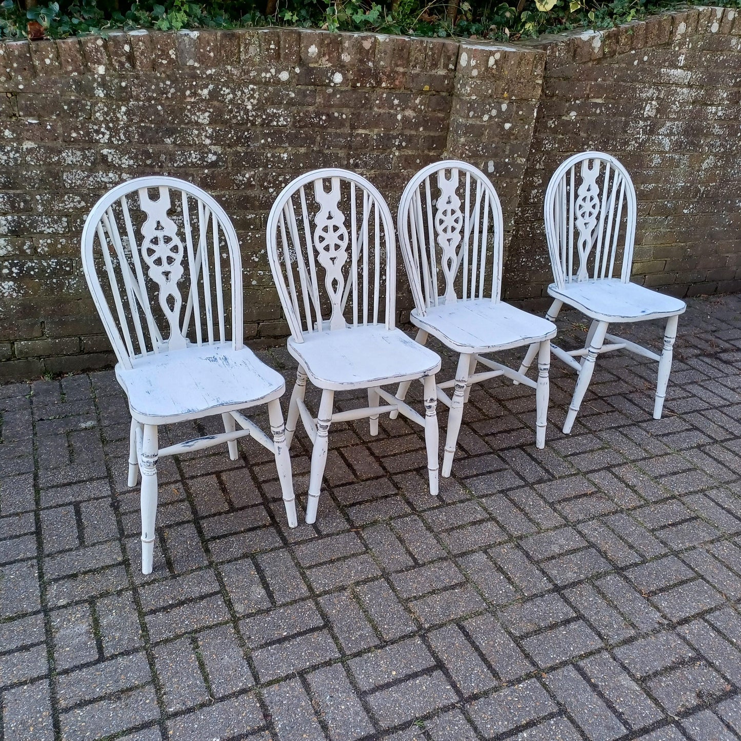 Set of 4 Vintage Hand Painted Upcycled Wheelback Kitchen or Dining Chairs 60s/70s Very Solid FREE HAND Delivery Very Light Grey