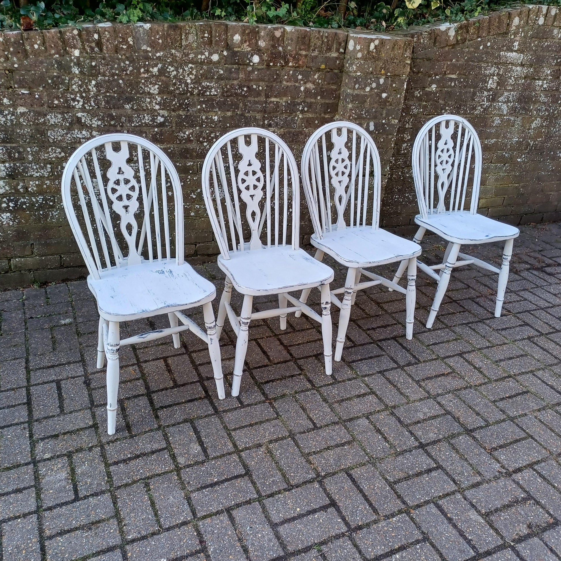 Set of 4 Vintage Hand Painted Upcycled Wheelback Kitchen or Dining Chairs 60s/70s Very Solid FREE HAND Delivery Very Light Grey