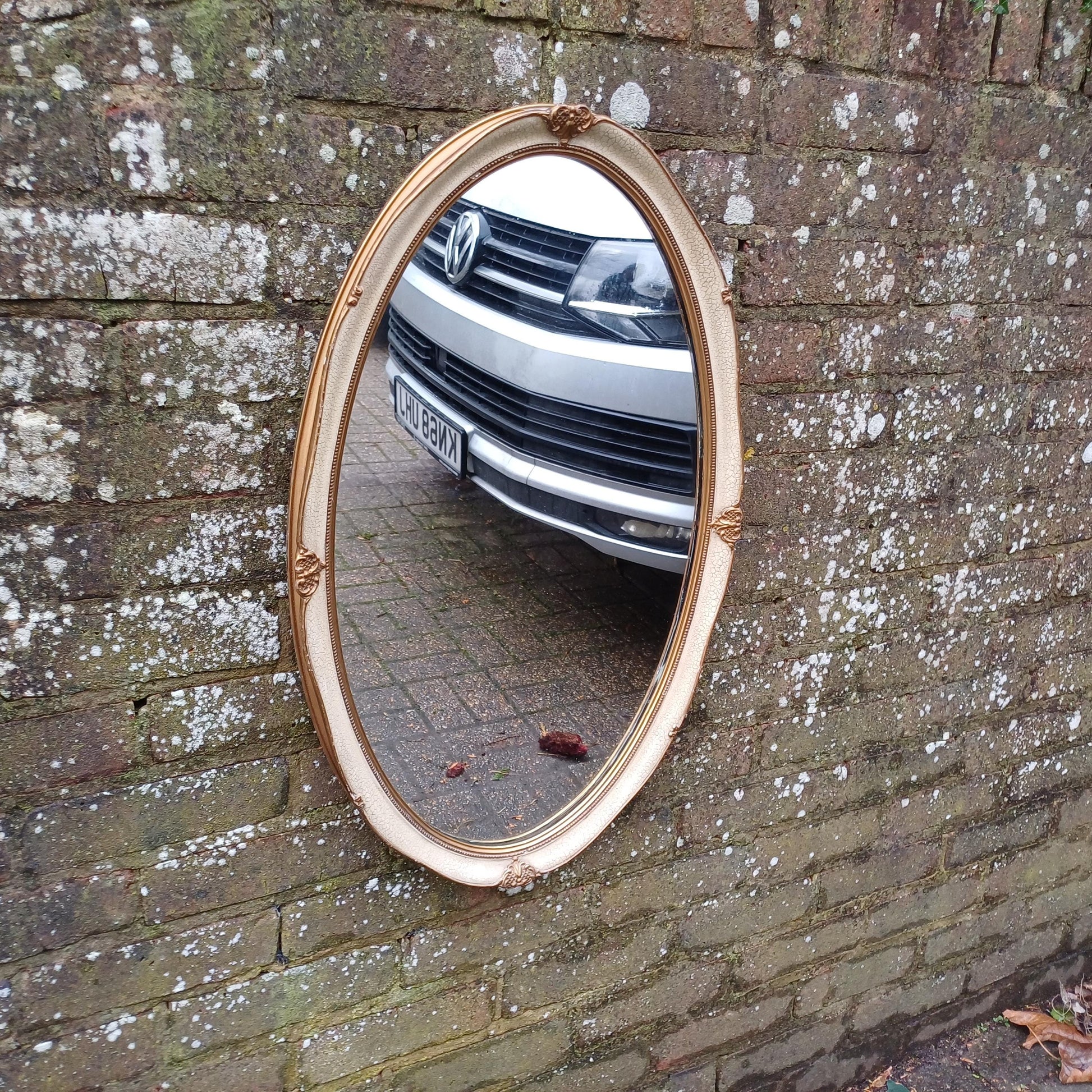 Large Vintage 60s/70s Gold and Cream Oval Mirror Crackle Glazed Effect.