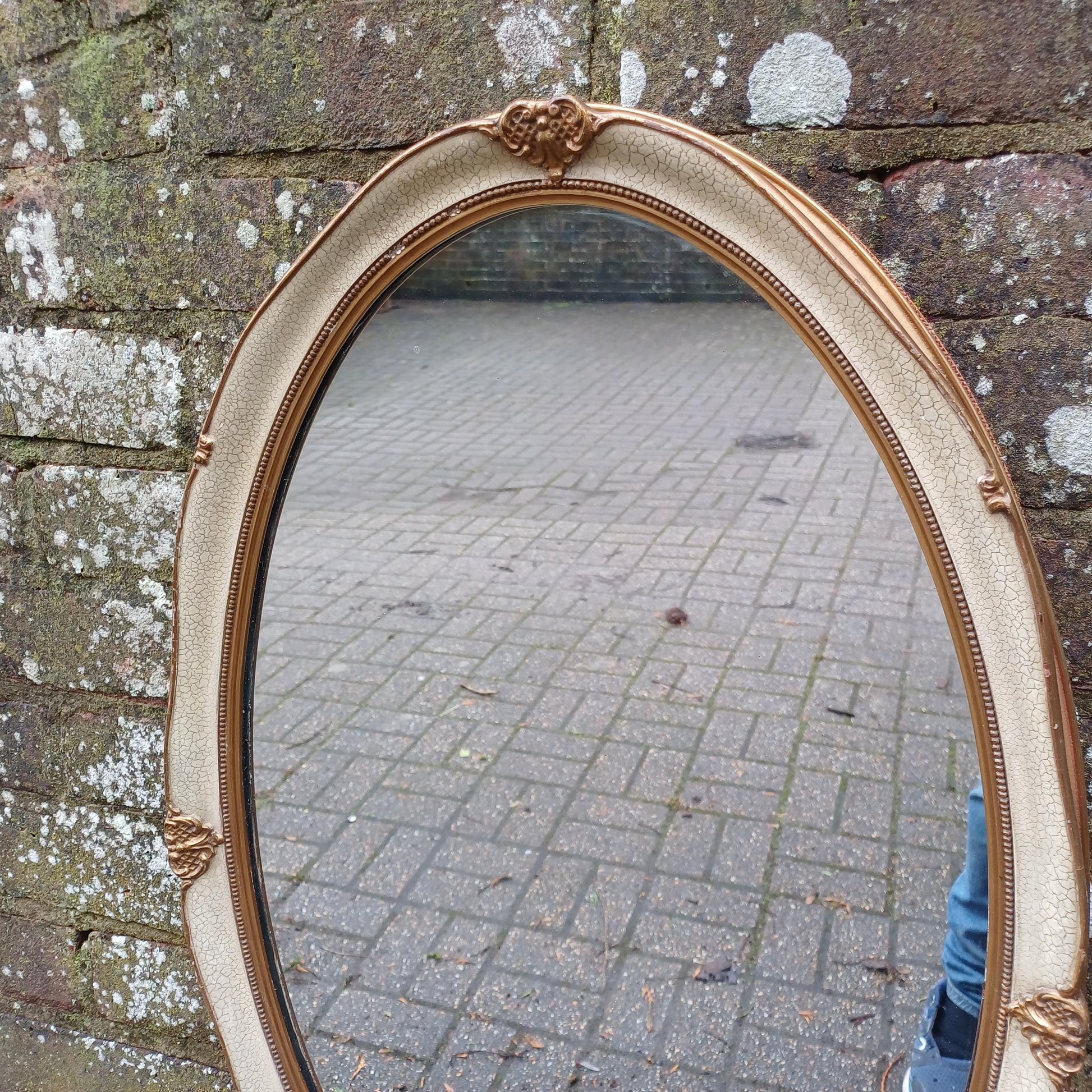 Large Vintage 60s/70s Gold and Cream Oval Mirror Crackle Glazed Effect.