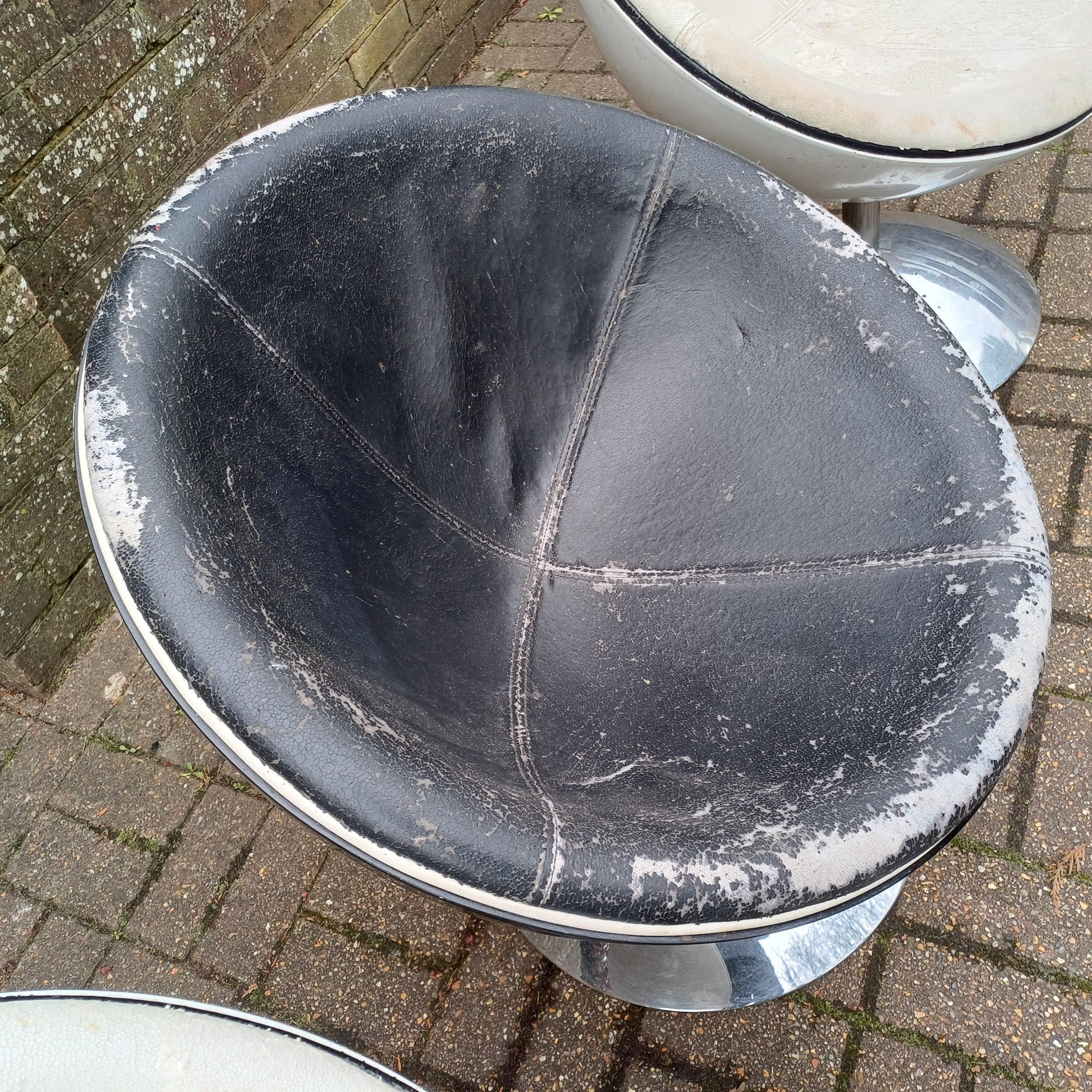 Set of 3 1970s Style Globe Chairs Chrome and Fibre Glass or Plastic Need Work FREE HAND Delivery Revolving