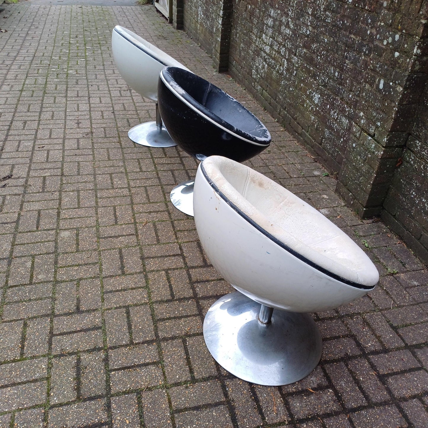 Set of 3 1970s Style Globe Chairs Chrome and Fibre Glass or Plastic Need Work FREE HAND Delivery Revolving