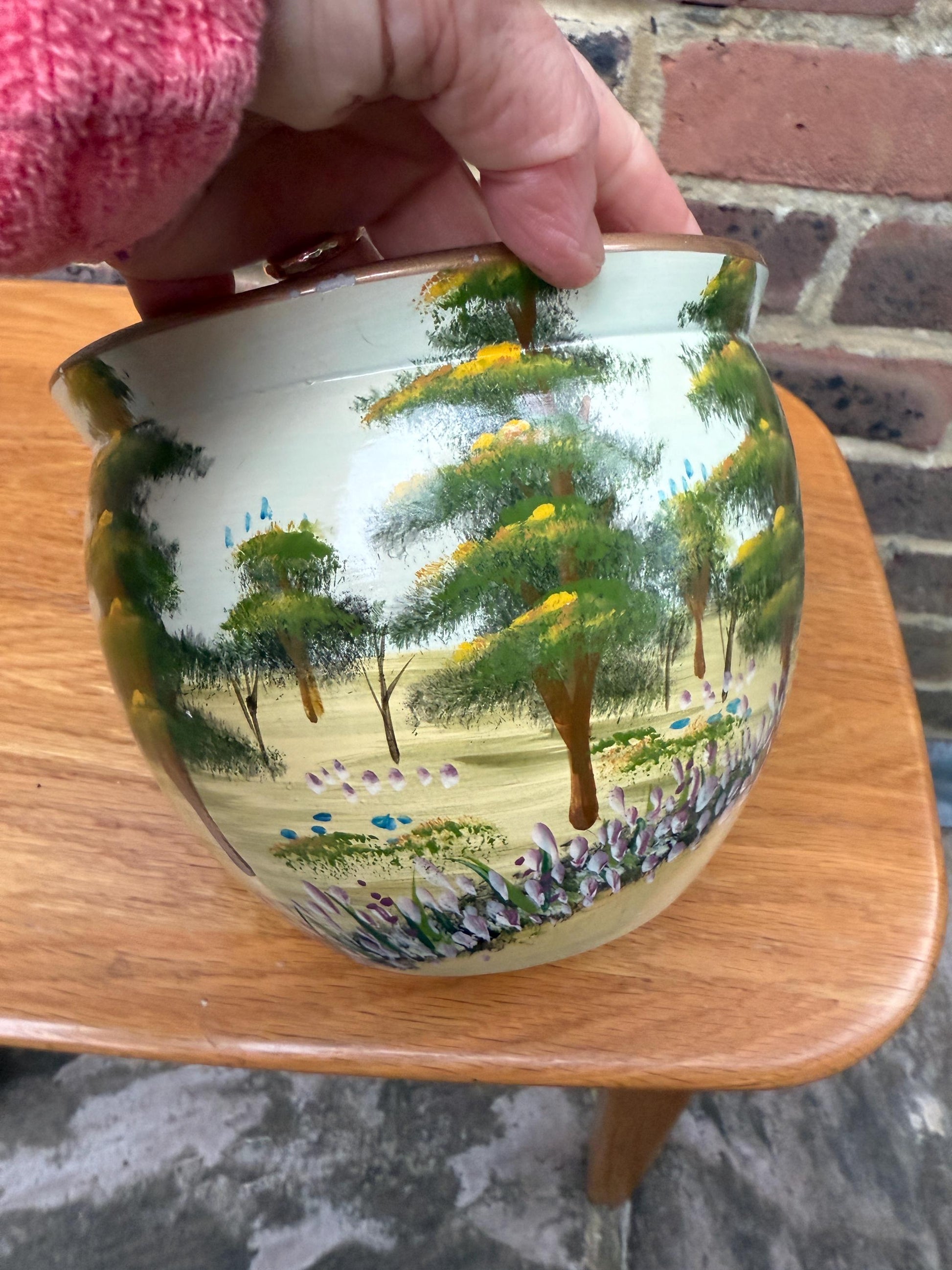 Kewdos Retro Quality Indoor Planter, pottery plant pot, jardiniere - hand painted forest and flowers on it, from West Sussex