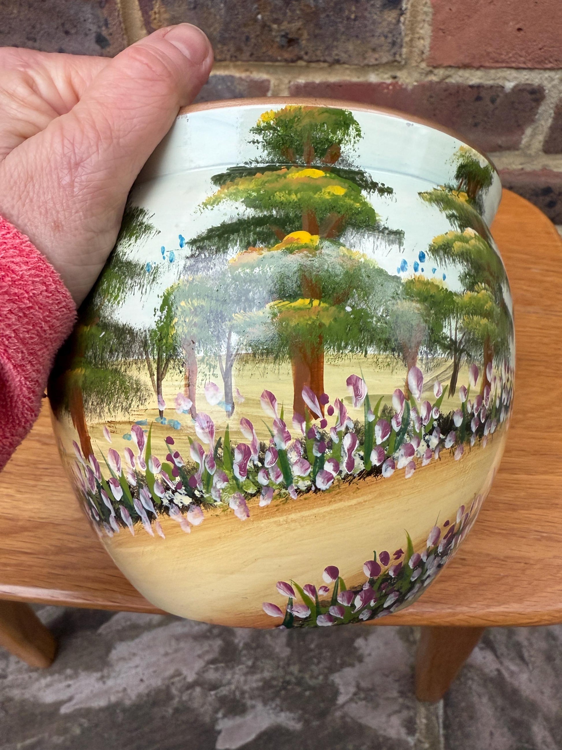 Kewdos Retro Quality Indoor Planter, pottery plant pot, jardiniere - hand painted forest and flowers on it, from West Sussex