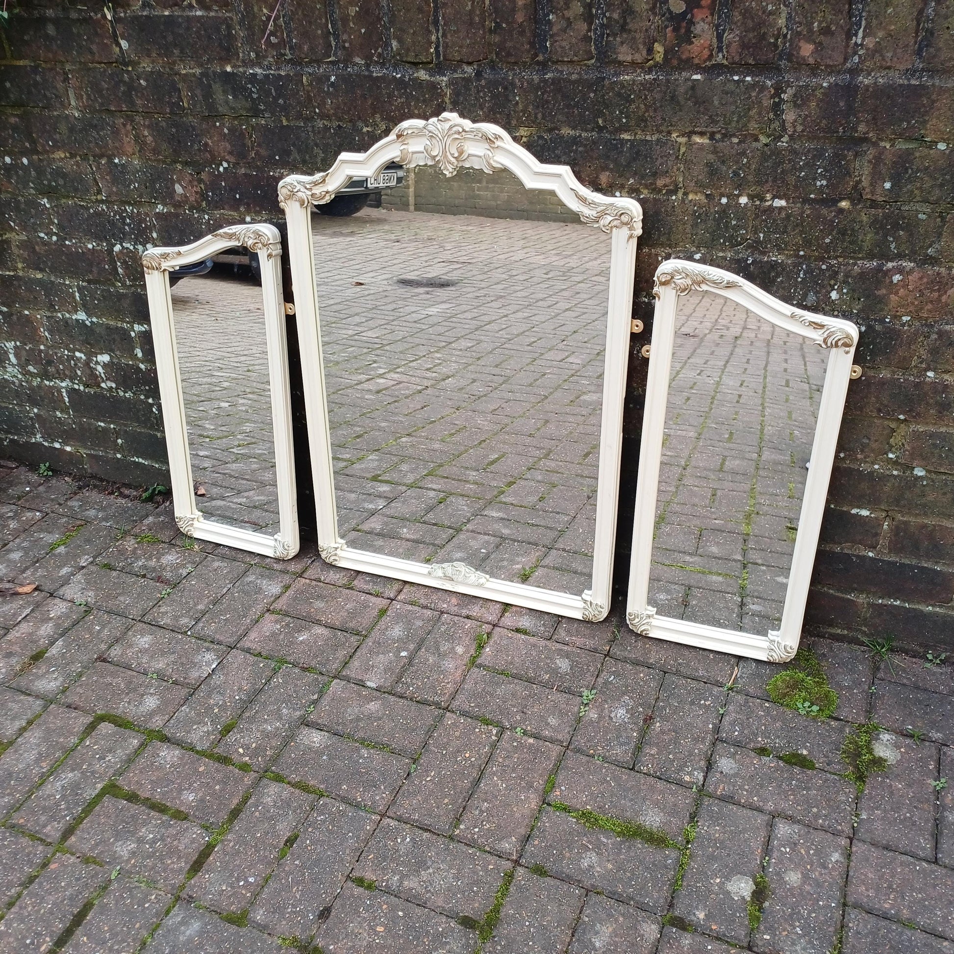 Quirky Vintage Dressing Table Mirror Set Over Mantel – Adaptable Trio with Gold Highlights (1970s/80s) FREE HAND Delivery