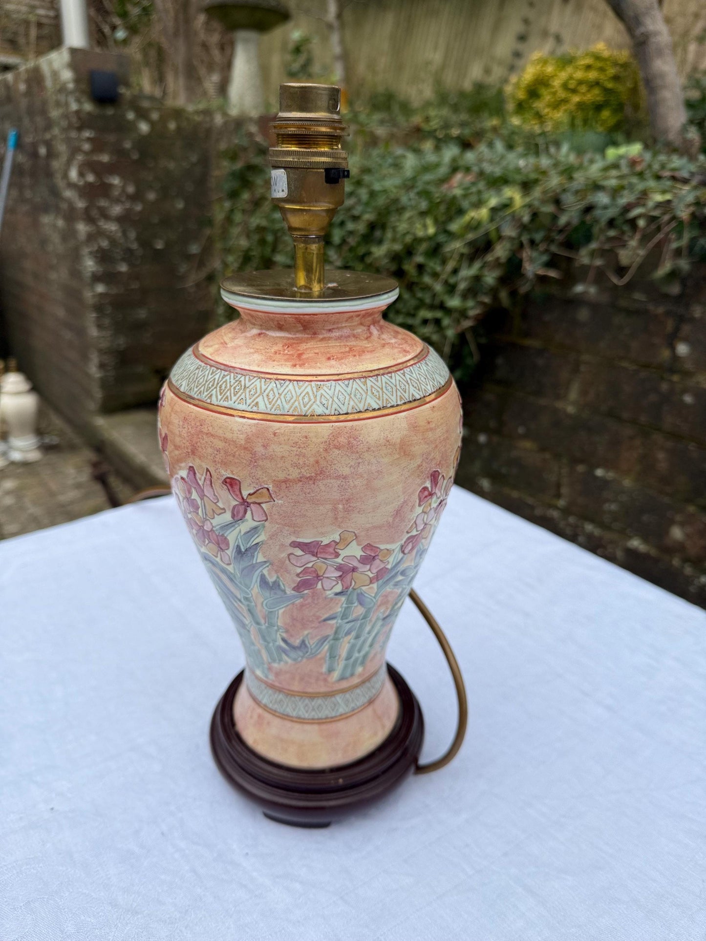Vintage BHS Peach Floral Oriental Style Table Lamp - PAT tested, working