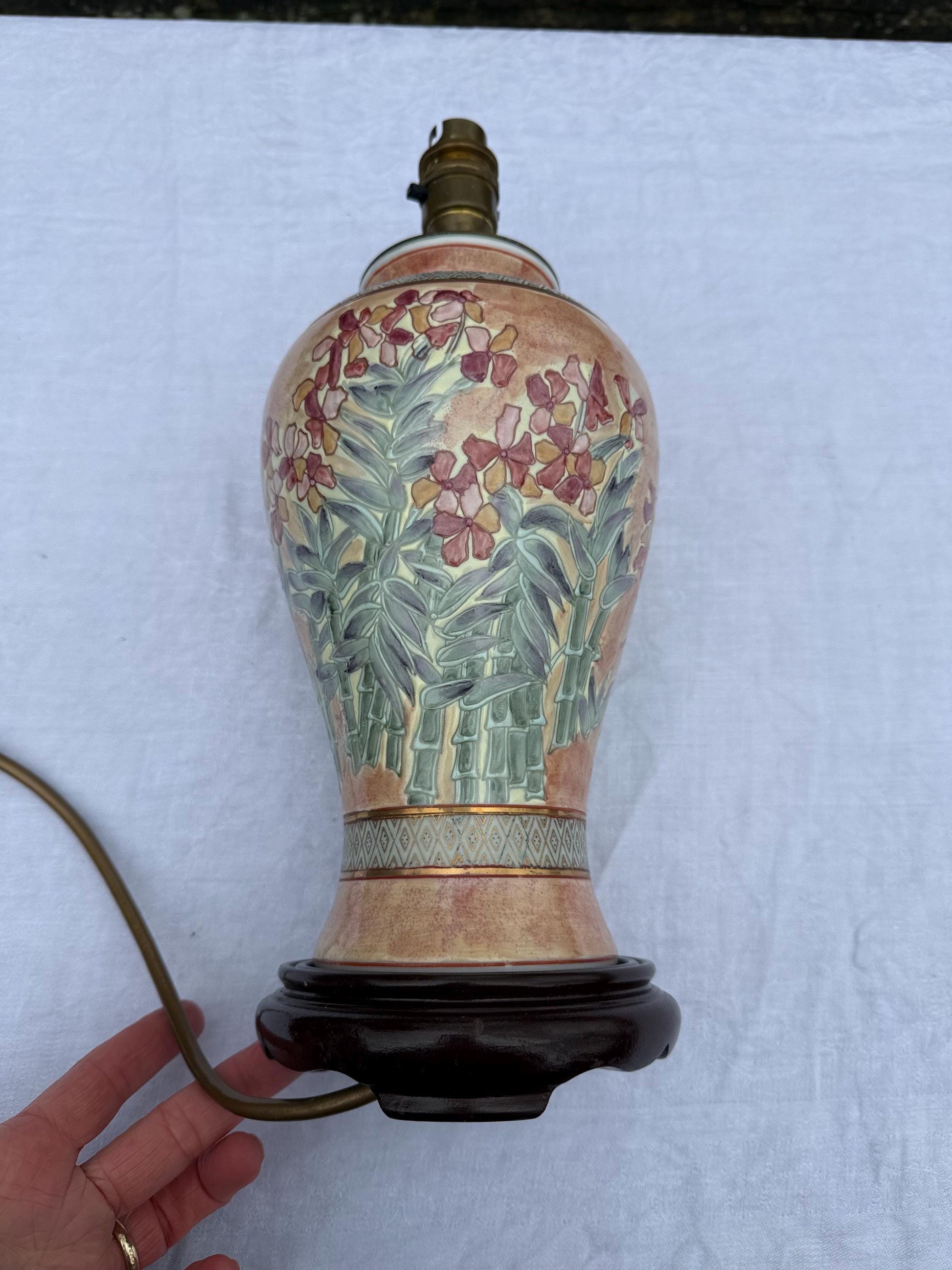 Vintage BHS Peach Floral Oriental Style Table Lamp - PAT tested, working