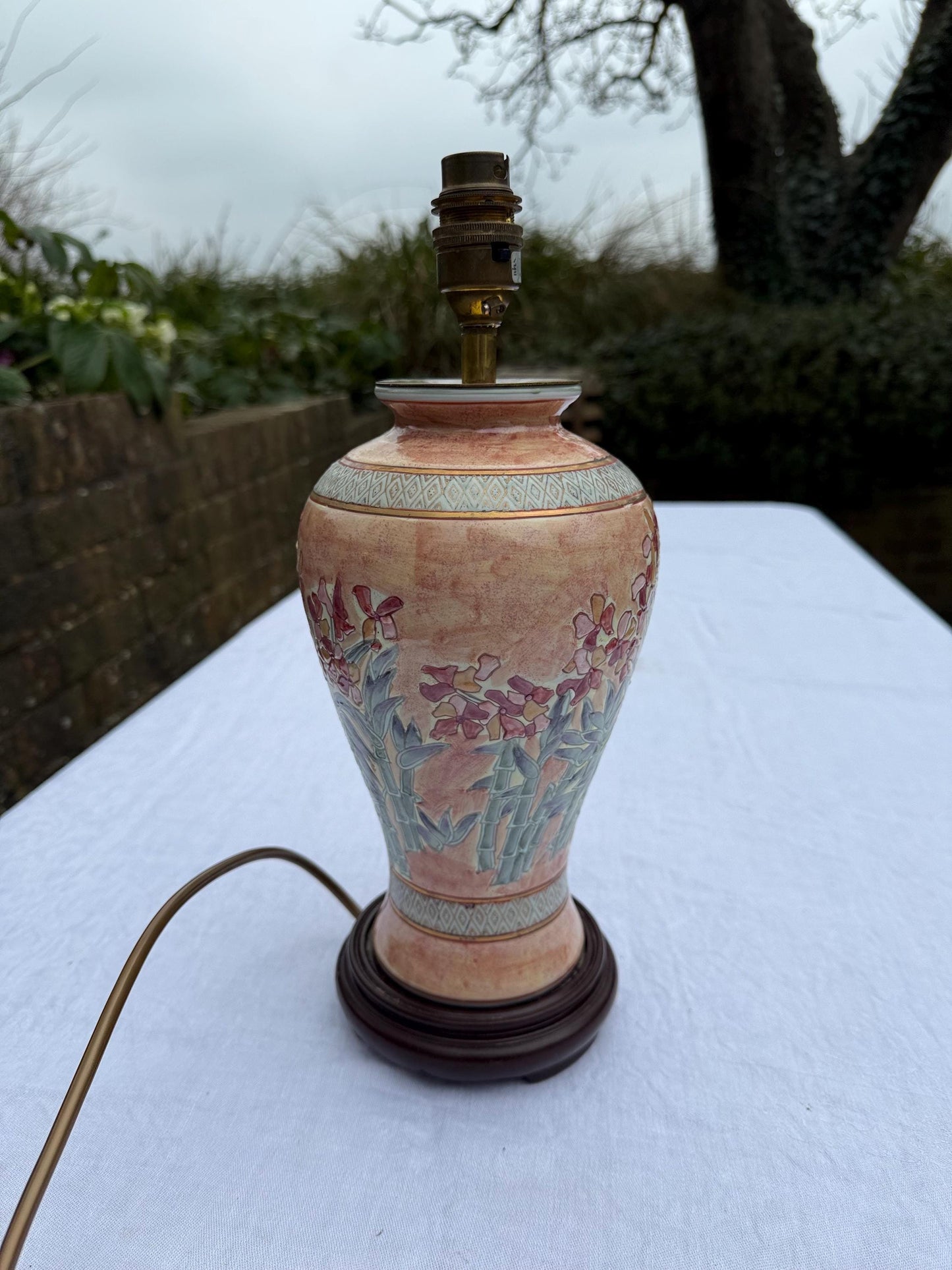 Vintage BHS Peach Floral Oriental Style Table Lamp - PAT tested, working