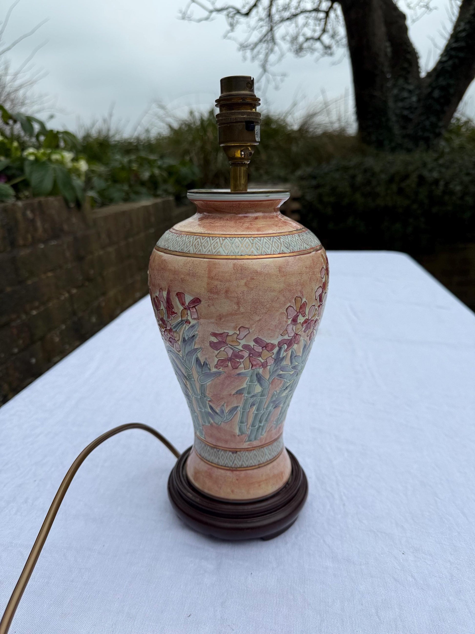 Vintage BHS Peach Floral Oriental Style Table Lamp - PAT tested, working