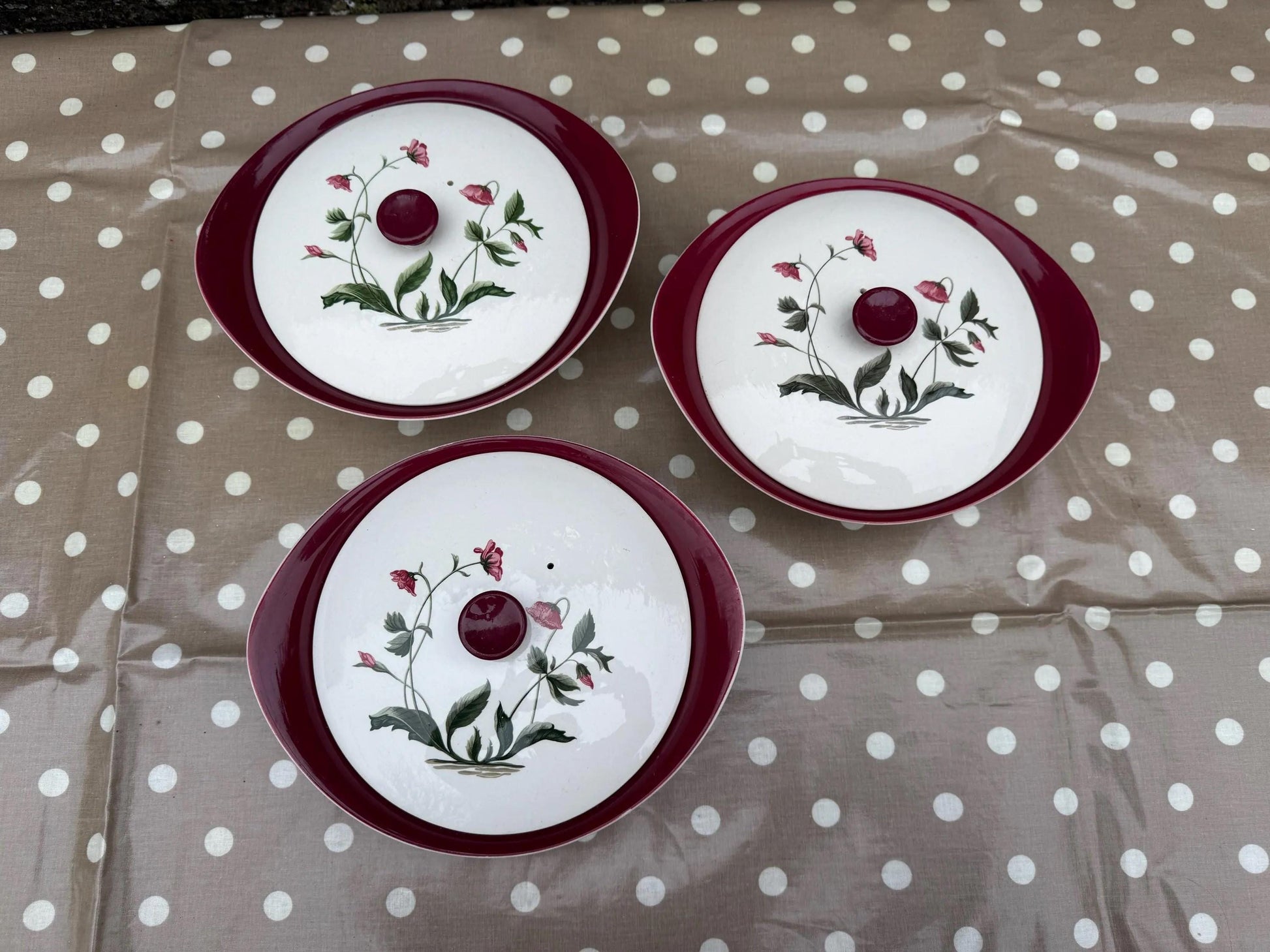 Wedgwood Vintage Retro ‘Mayfield’ 1950s/60’s Dinner Service Pink Poppies and Ruby Red border