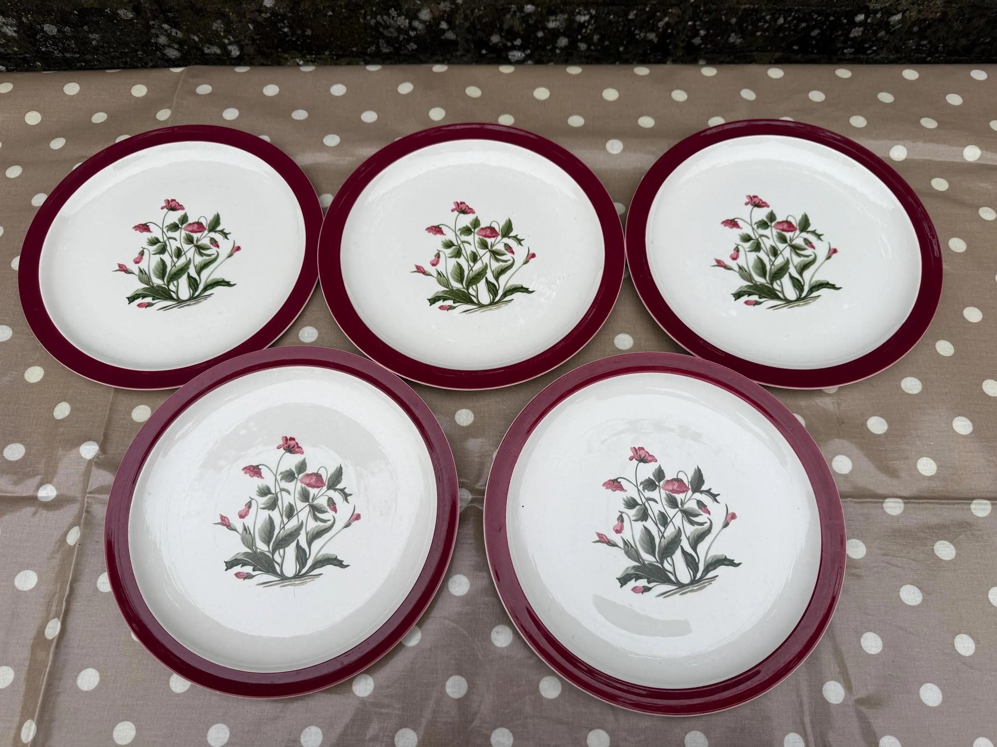 Wedgwood Vintage Retro ‘Mayfield’ 1950s/60’s Dinner Service Pink Poppies and Ruby Red border