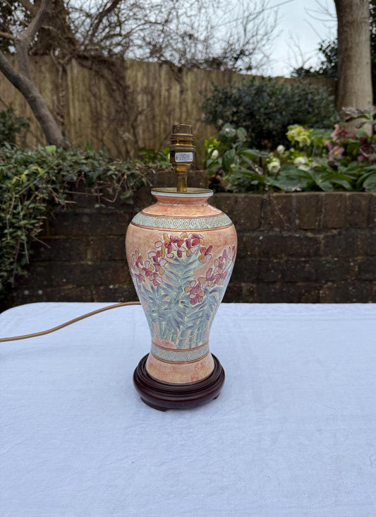 Peach, floral,orientalstyle vintage table lamp. Made for BHS. Likely 80s or 90s. PAT tested and working