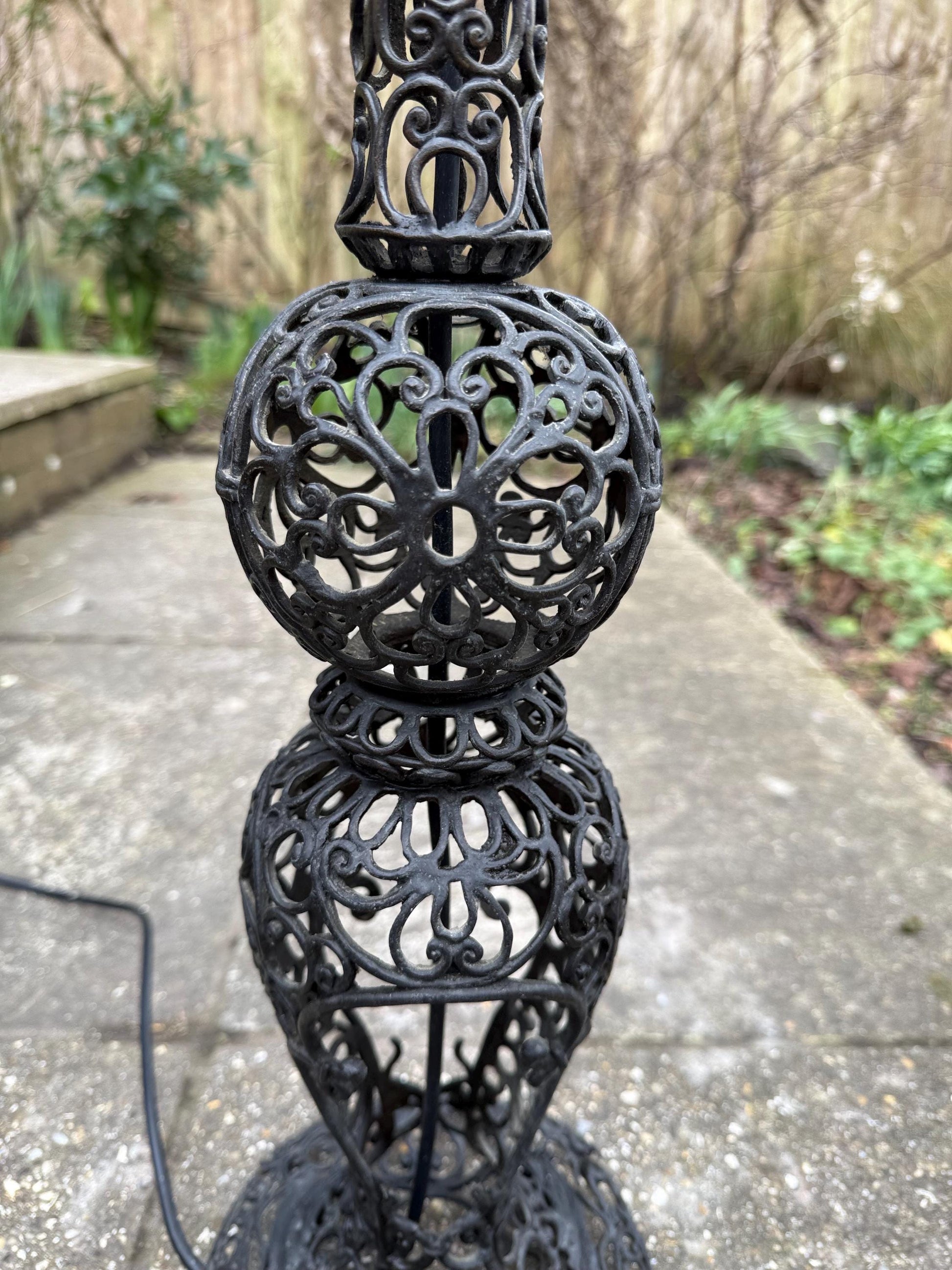 Retro Black Filigree Metal tall vintage lamp - PAT tested and working; vintage floor lamp, tall lamp, ornate lamp, 1960s lamp