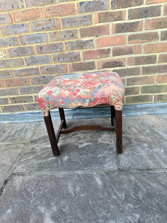 Mid-century wooden stool with a 1980s fabric seat, retro stool, 1950s stool, wooden stool, wood stool, upholstered stool