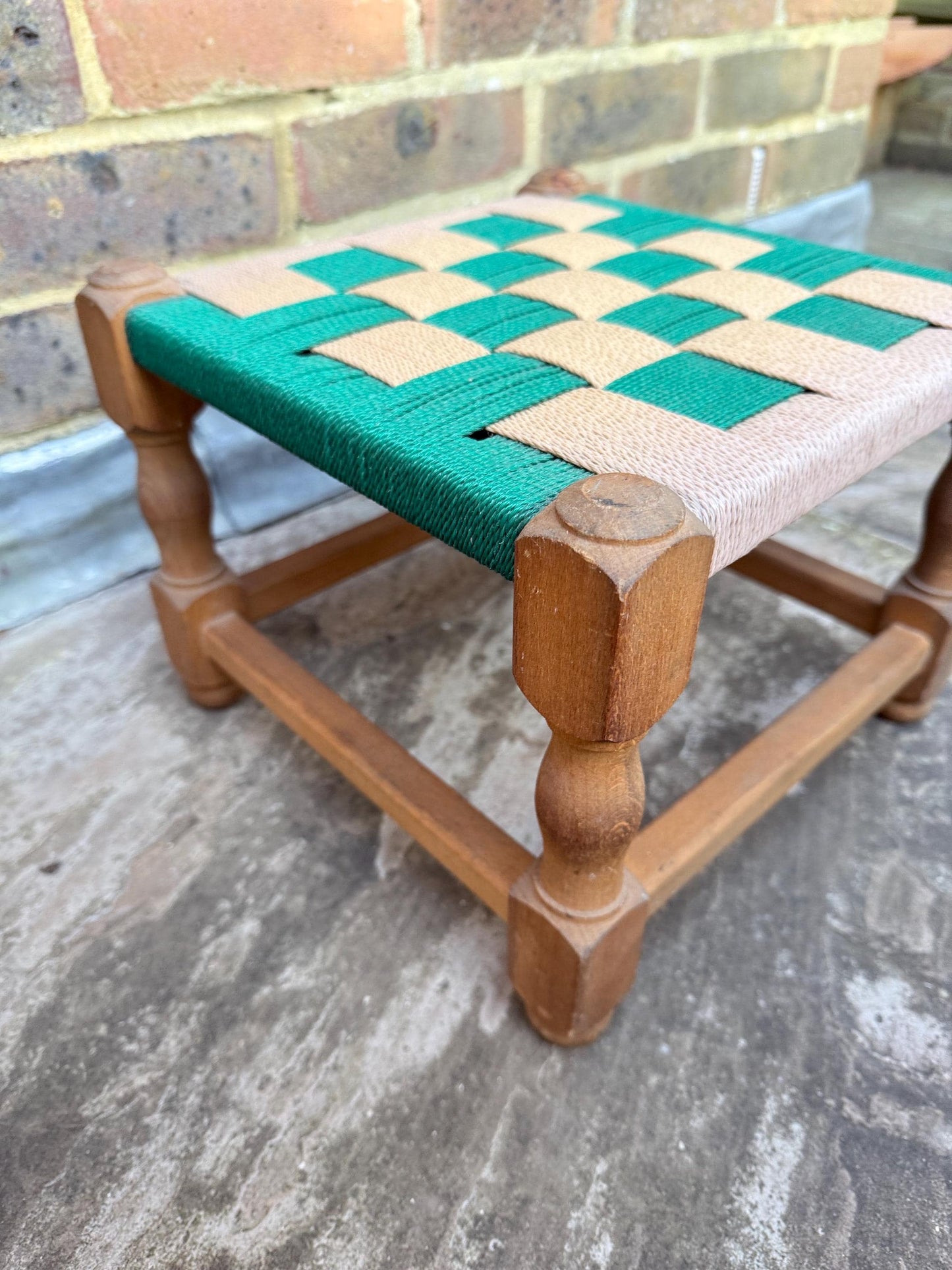 Fabulous retro vintage foot stool, woven stool, retro woven string stool - green and brown and beige stool, child chair