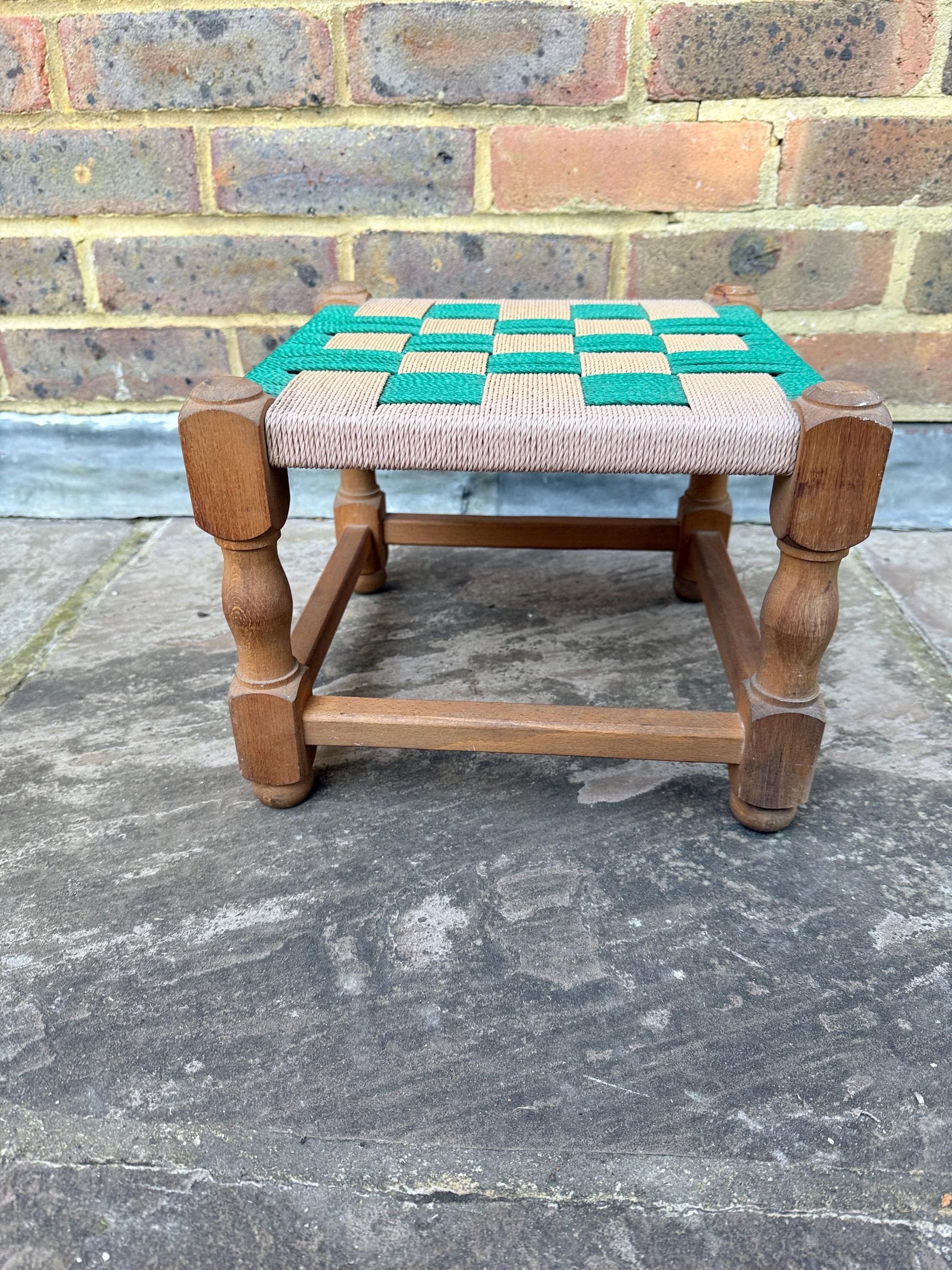 Fabulous retro vintage foot stool, woven stool, retro woven string stool - green and brown and beige stool, child chair