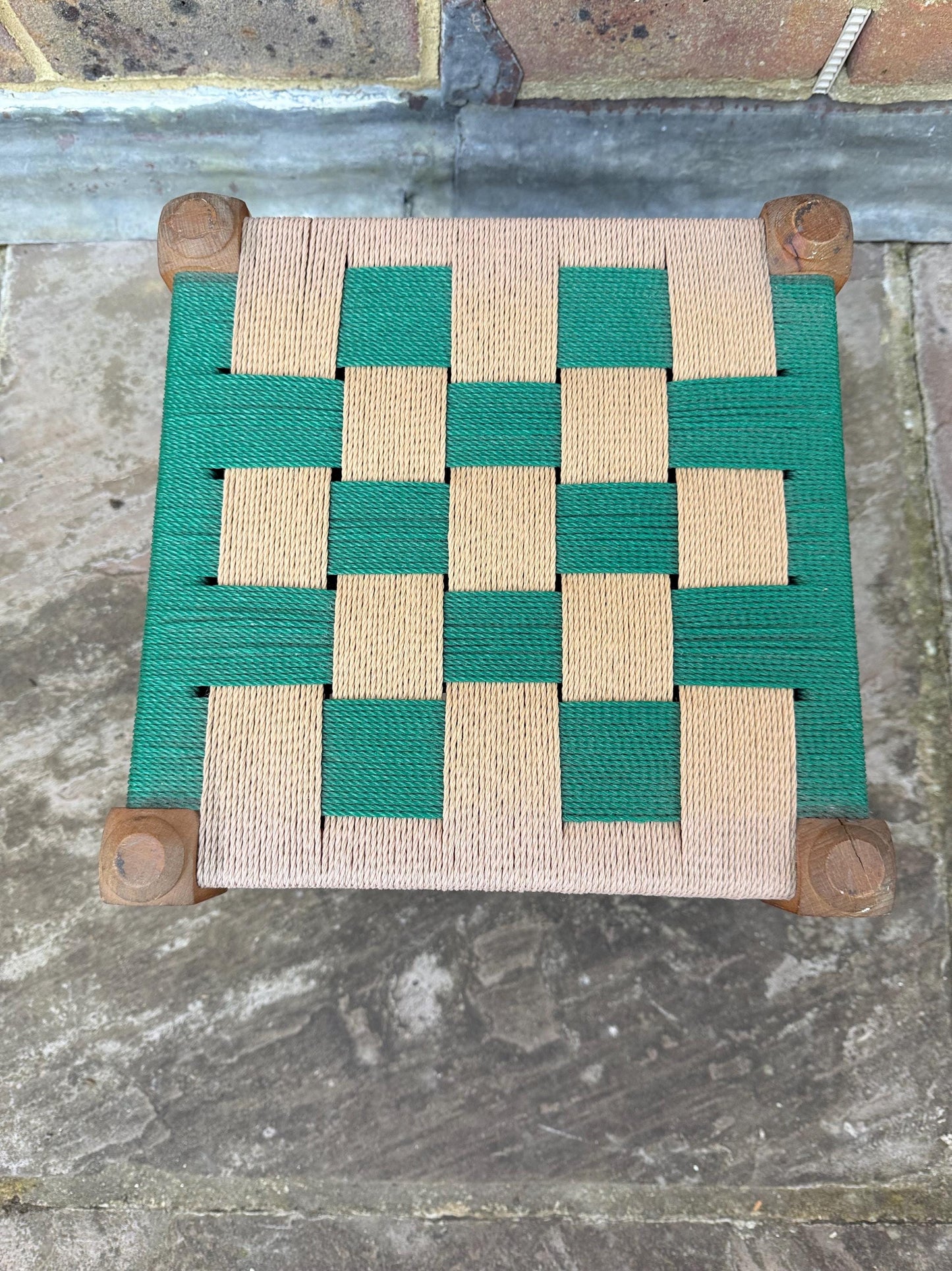Fabulous retro vintage foot stool, woven stool, retro woven string stool - green and brown and beige stool, child chair