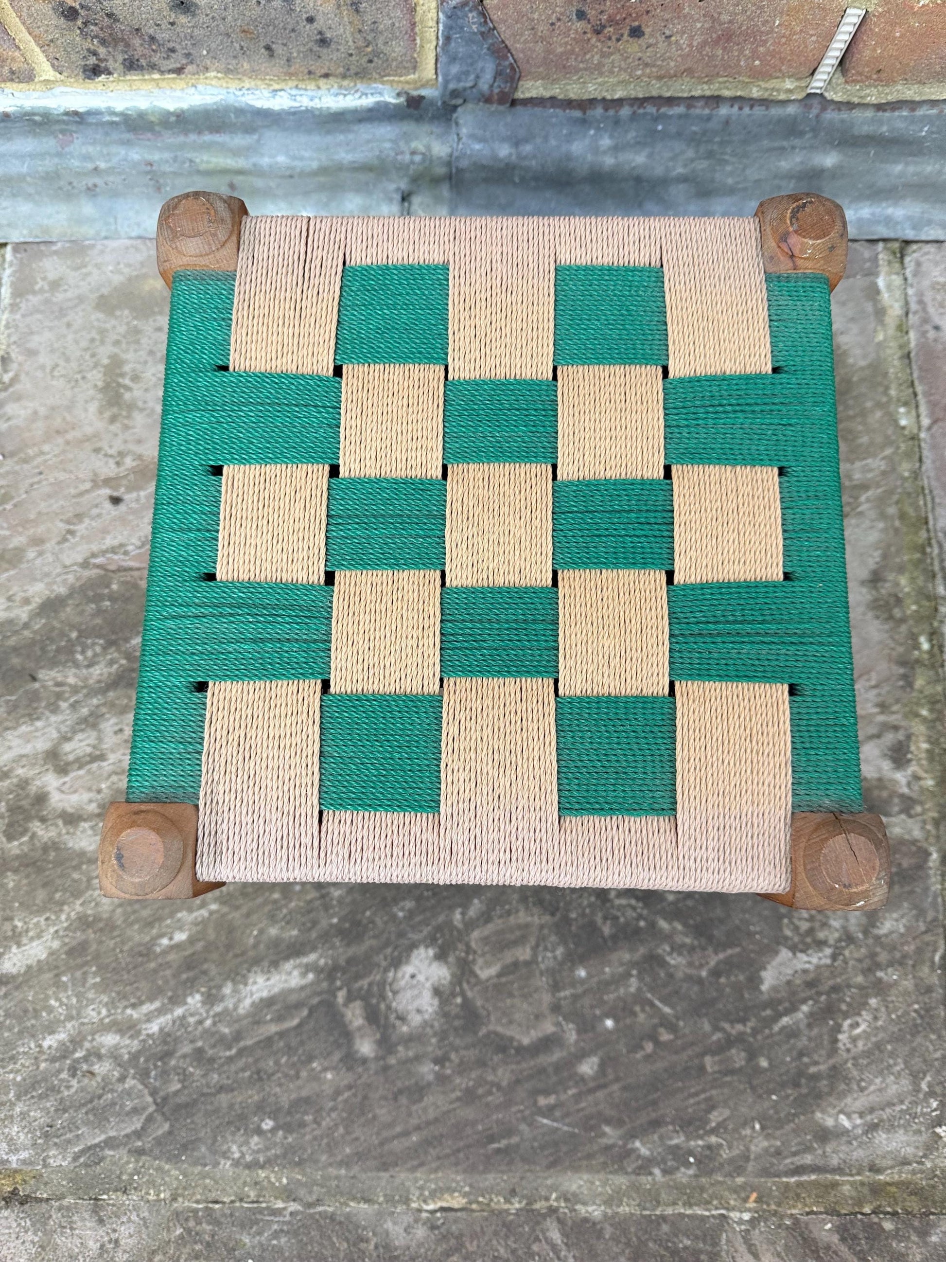 Fabulous retro vintage foot stool, woven stool, retro woven string stool - green and brown and beige stool, child chair
