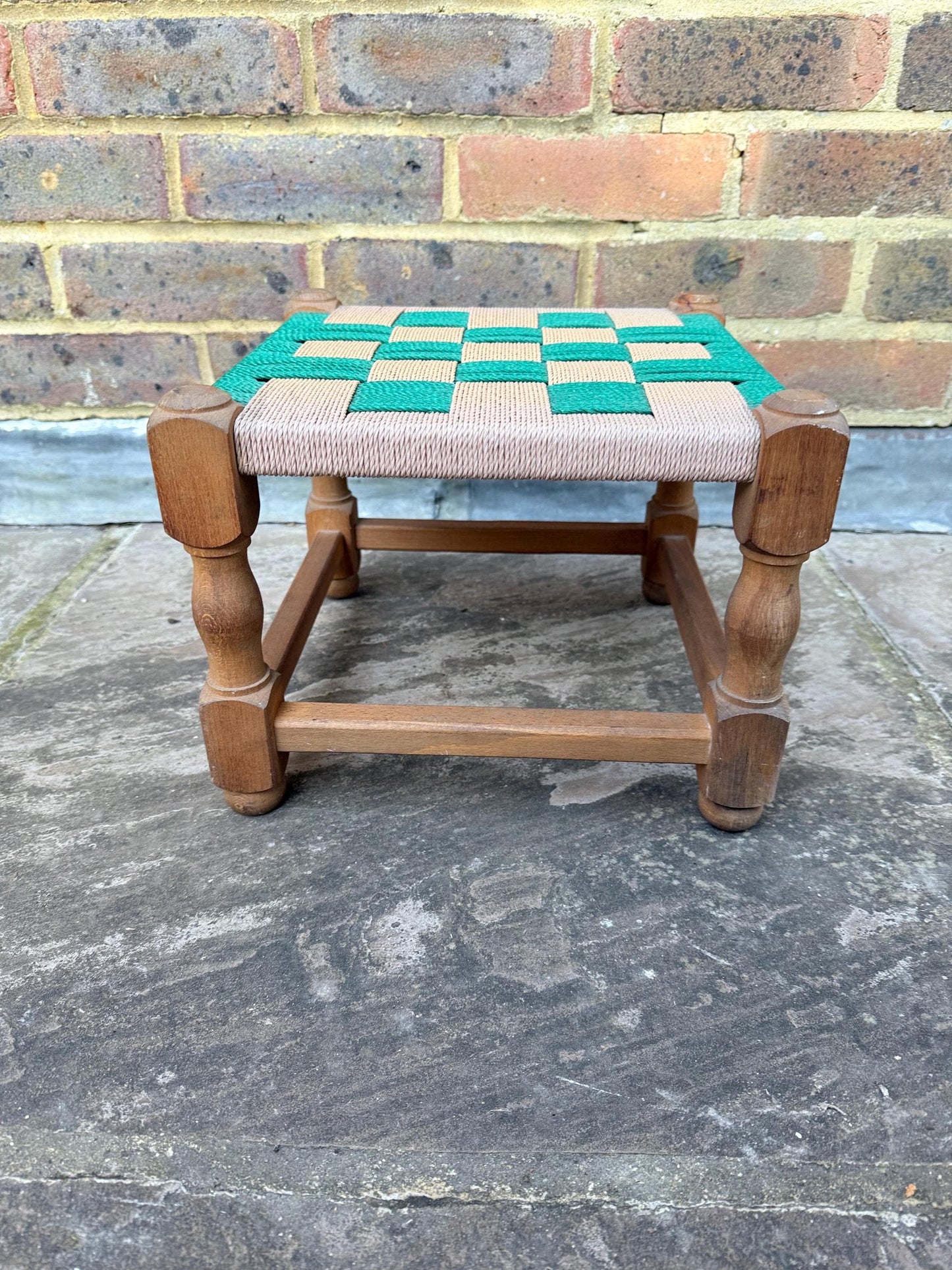 Fabulous retro vintage foot stool, woven stool, retro woven string stool - green and brown and beige stool, child chair