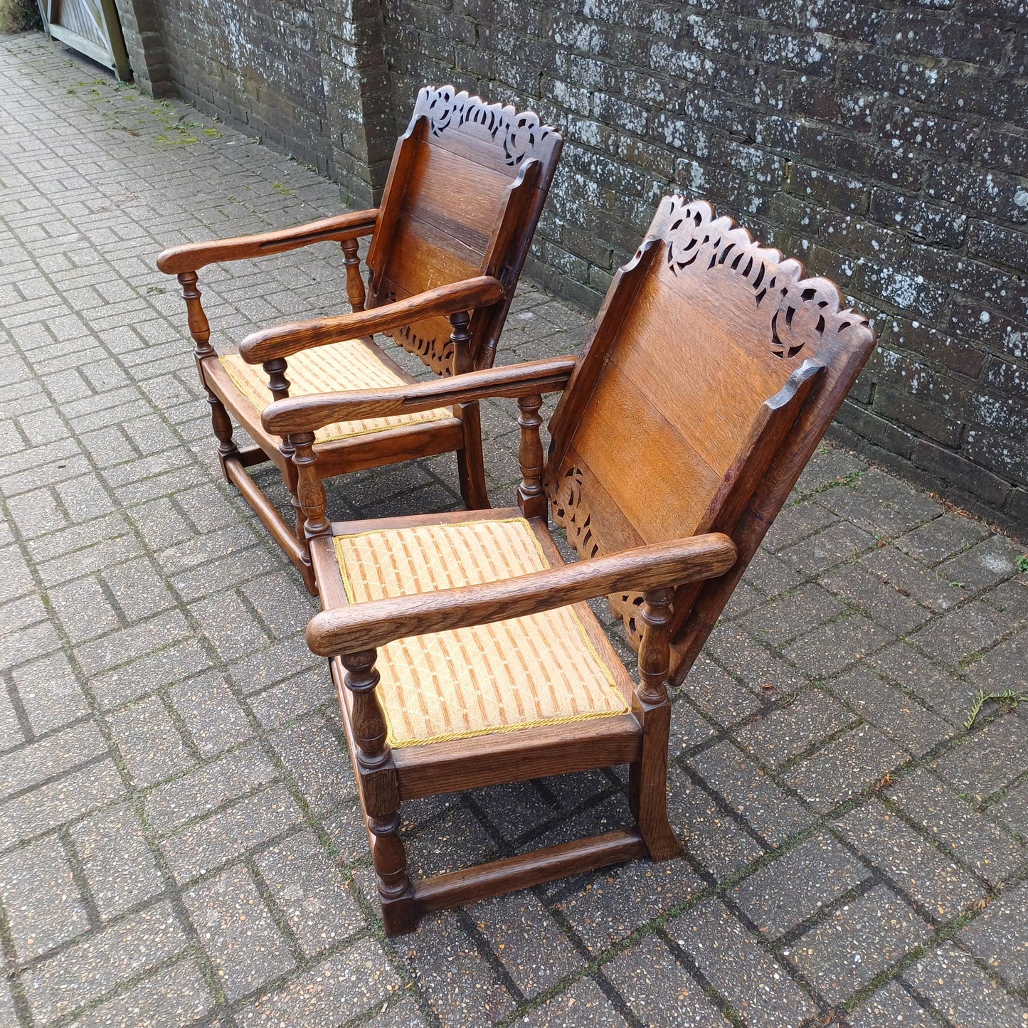 Pair of Solid Oak Monks Bench Upholstered Occasional Chairs Tables Side Chair Table FREE HAND Delivery