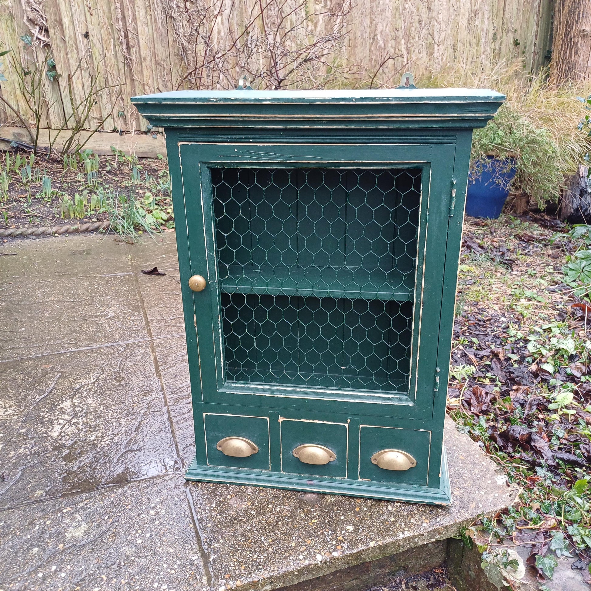Vintage Solid Pine Painted Green Upcycled Wall Cupboard A Shabby Chic Chicken Wire Collectible!