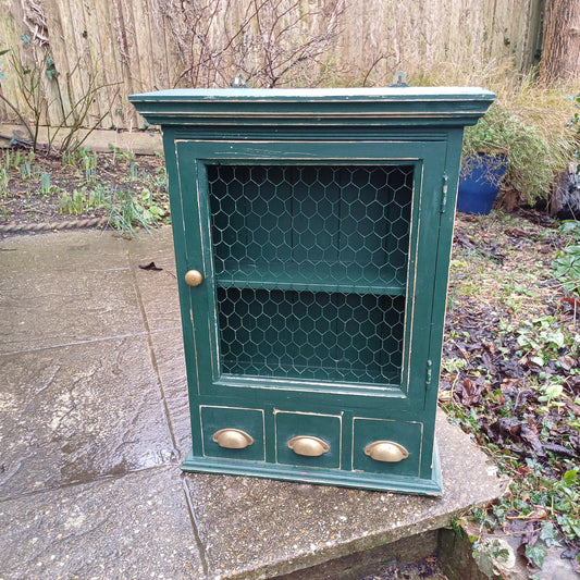 Vintage Solid Pine Painted Green Upcycled Wall Cupboard A Shabby Chic Chicken Wire Collectible!