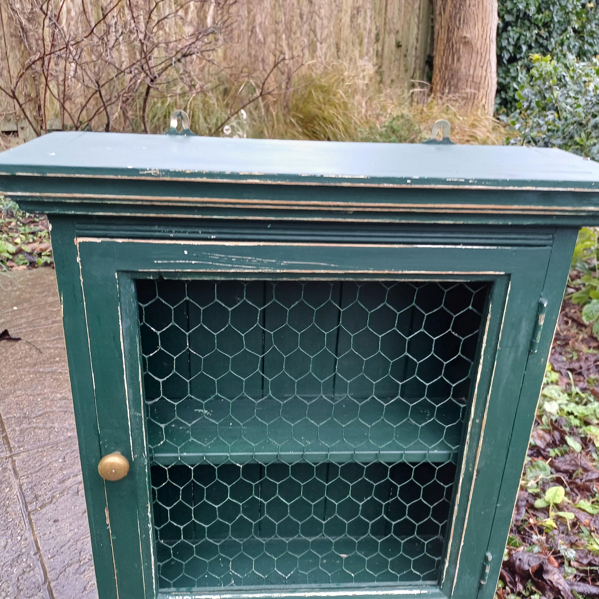 Vintage Solid Pine Painted Green Upcycled Wall Cupboard A Shabby Chic Chicken Wire Collectible!