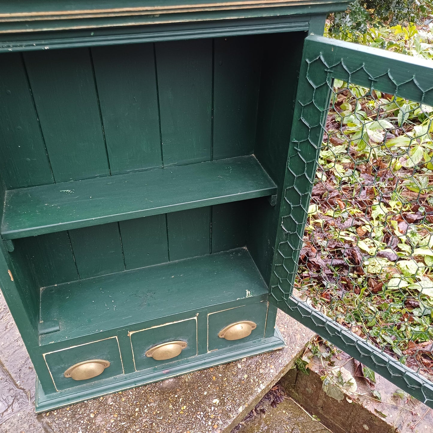 Vintage Solid Pine Painted Green Upcycled Wall Cupboard A Shabby Chic Chicken Wire Collectible!