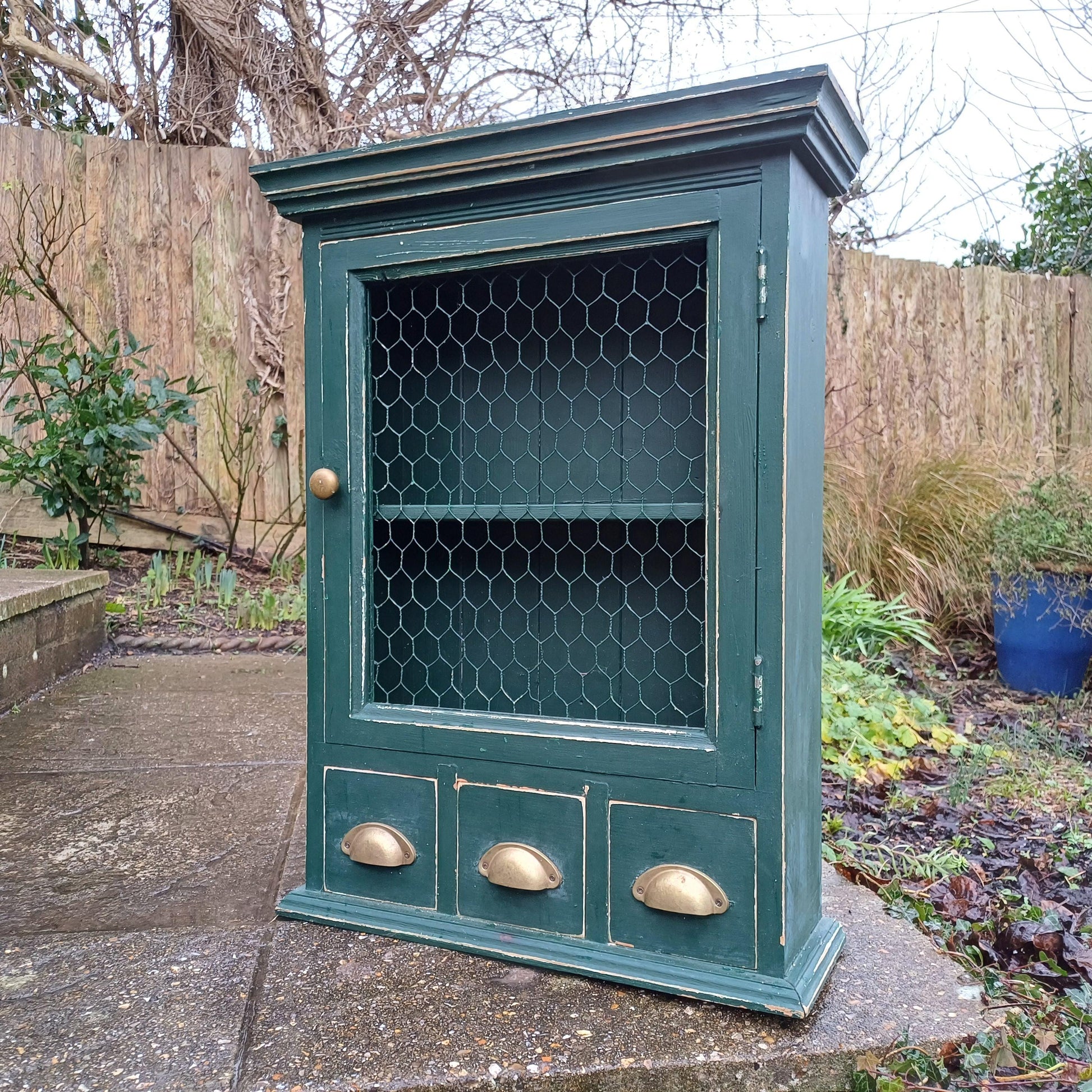 Vintage Solid Pine Painted Green Upcycled Wall Cupboard A Shabby Chic Chicken Wire Collectible!