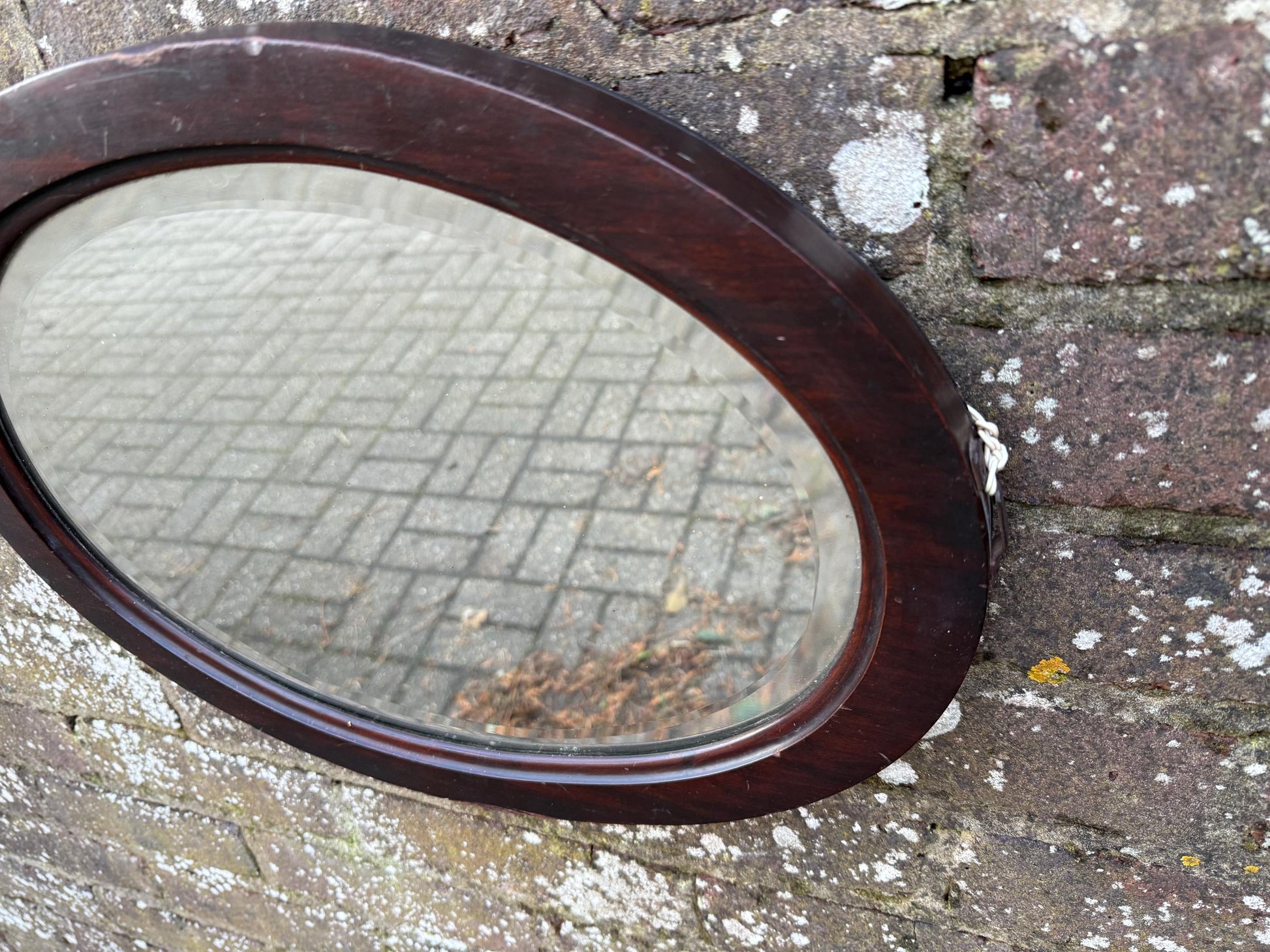 Antique small oval wooden mirror with bevelled glass - super shape and size - 45.5cm x 35cm